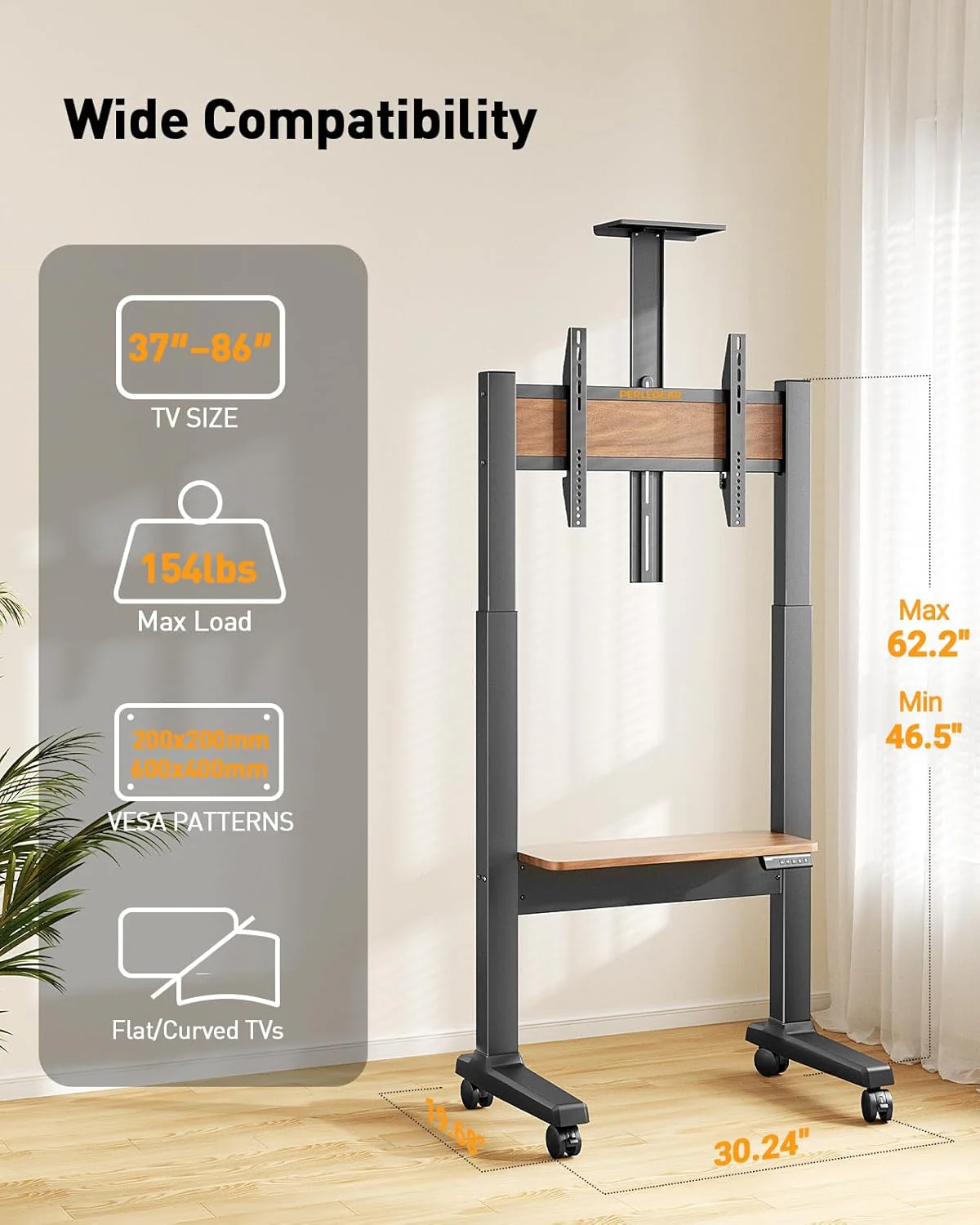 Motorized Mobile TV Stand on Wheels for 37–86 Inch TVs up to 154 lbs, Electric Height Adjustable Rolling TV Stand, VESA 200x200–600x400mm, Wooden Shelf & Panel, PGTVMC26B
