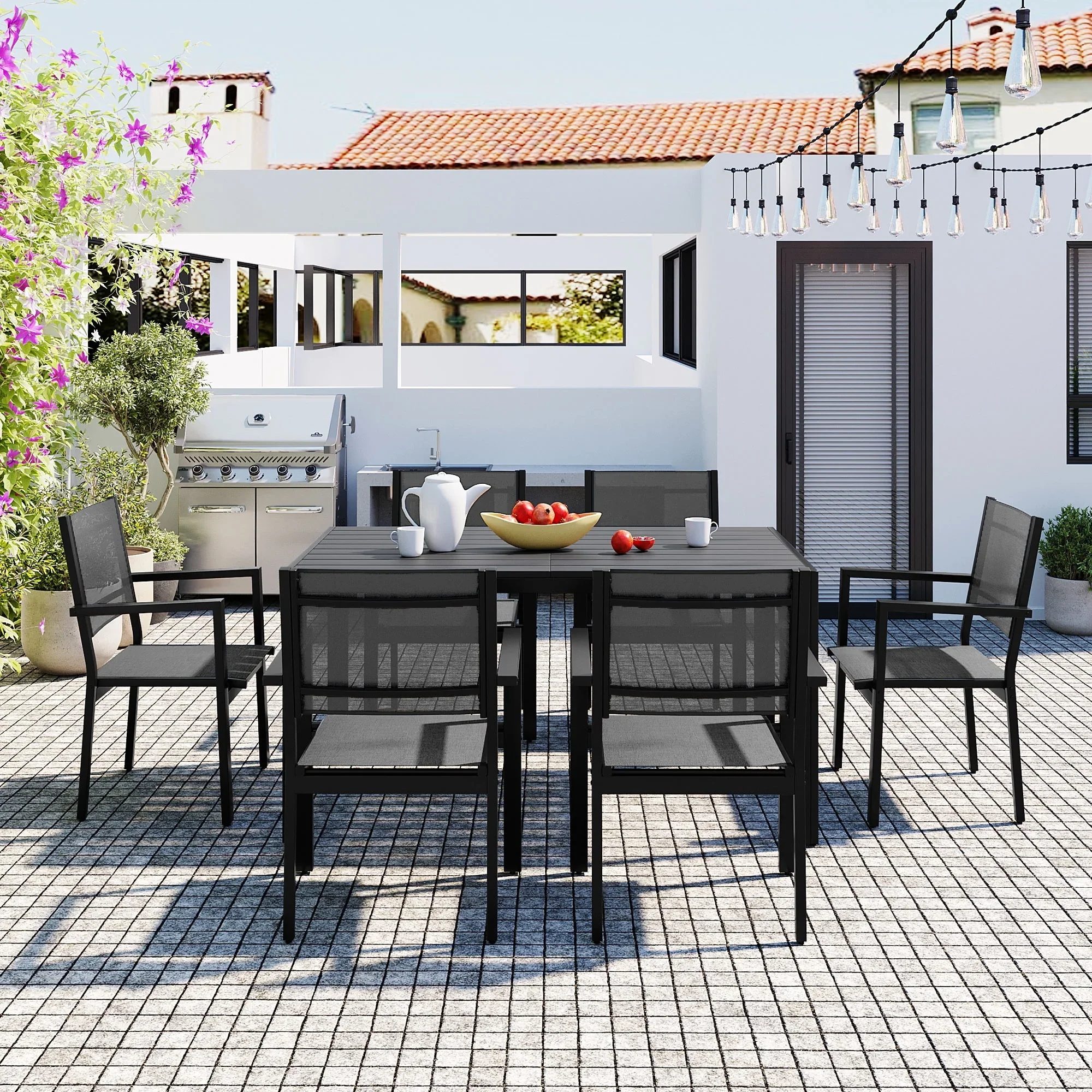 Patio Dining Set, 7PCS Outdoor Plastic-Wood Table & Textilene Chairs Set, Outdoor Furniture Dining Table Set, Garden Porch Backyard Poolside Sectional Conversation Set