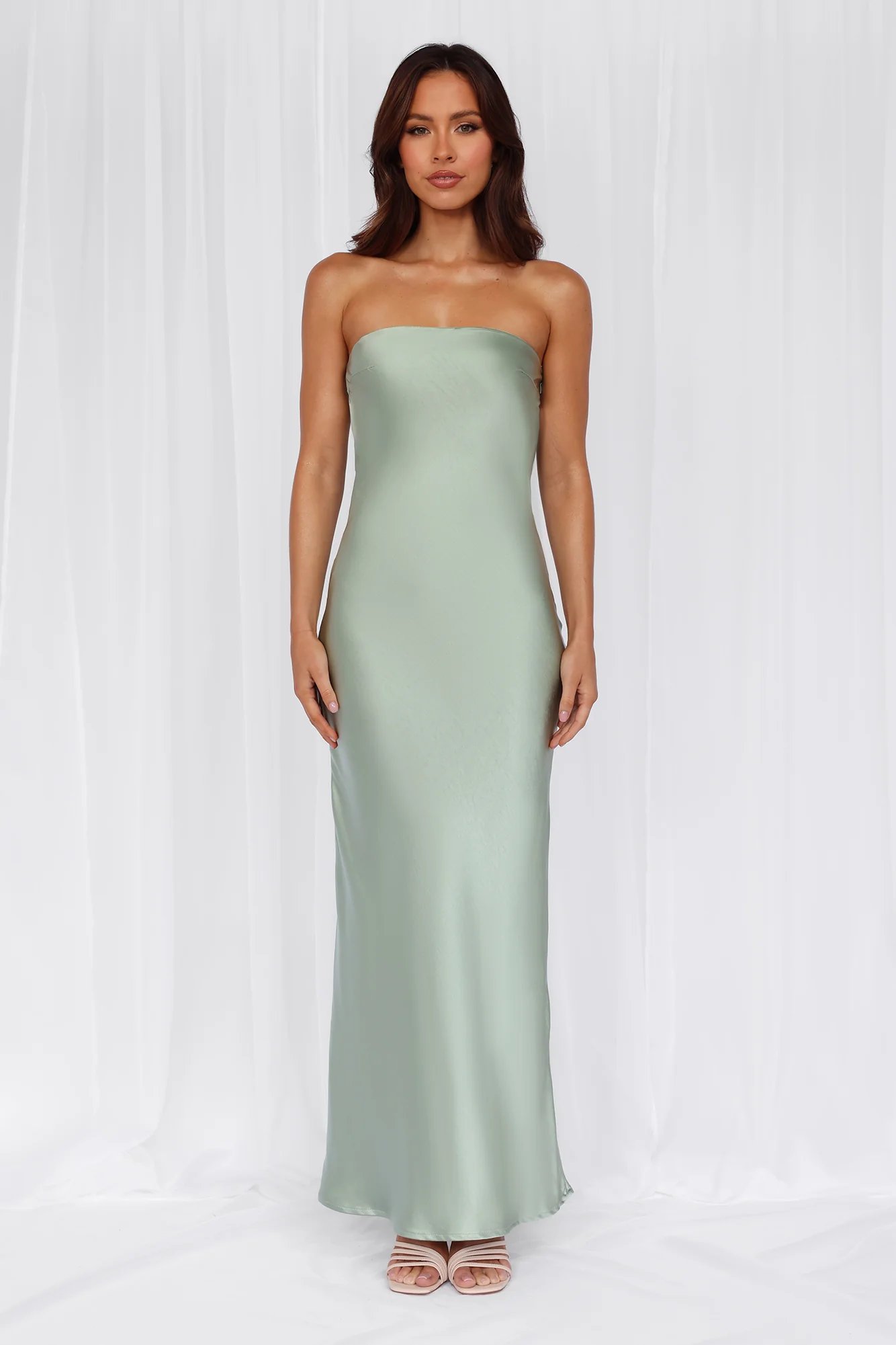 HELLO MOLLY The Felicity Strapless Satin Maxi Dress Sage