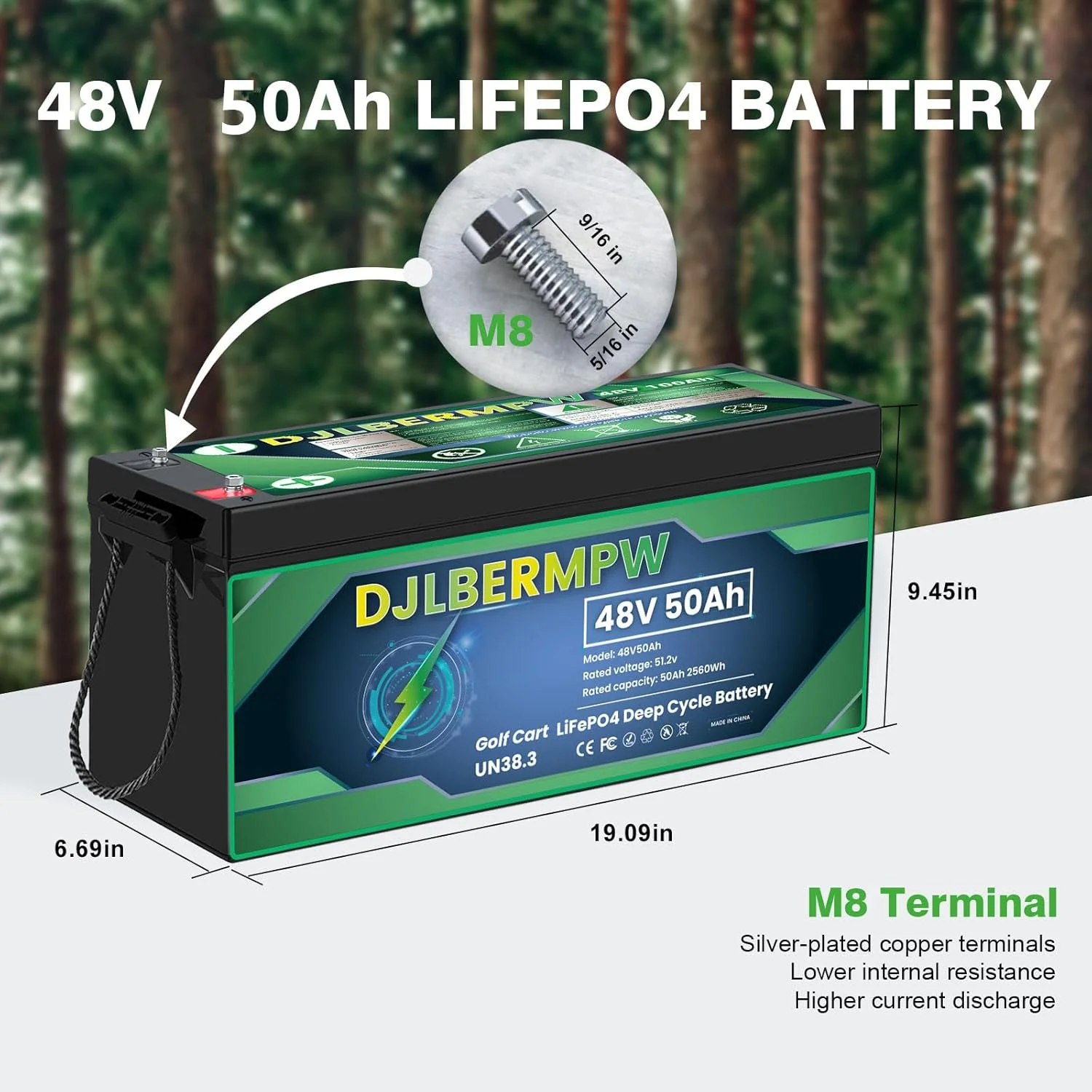 48V 50ah LiFePO4 Lithium Battery, Built - in 50A BMS 2560wh, 15000 Deep Cycle 48V Golf Cart Lithium Battery for Off Grid, RV, Solar