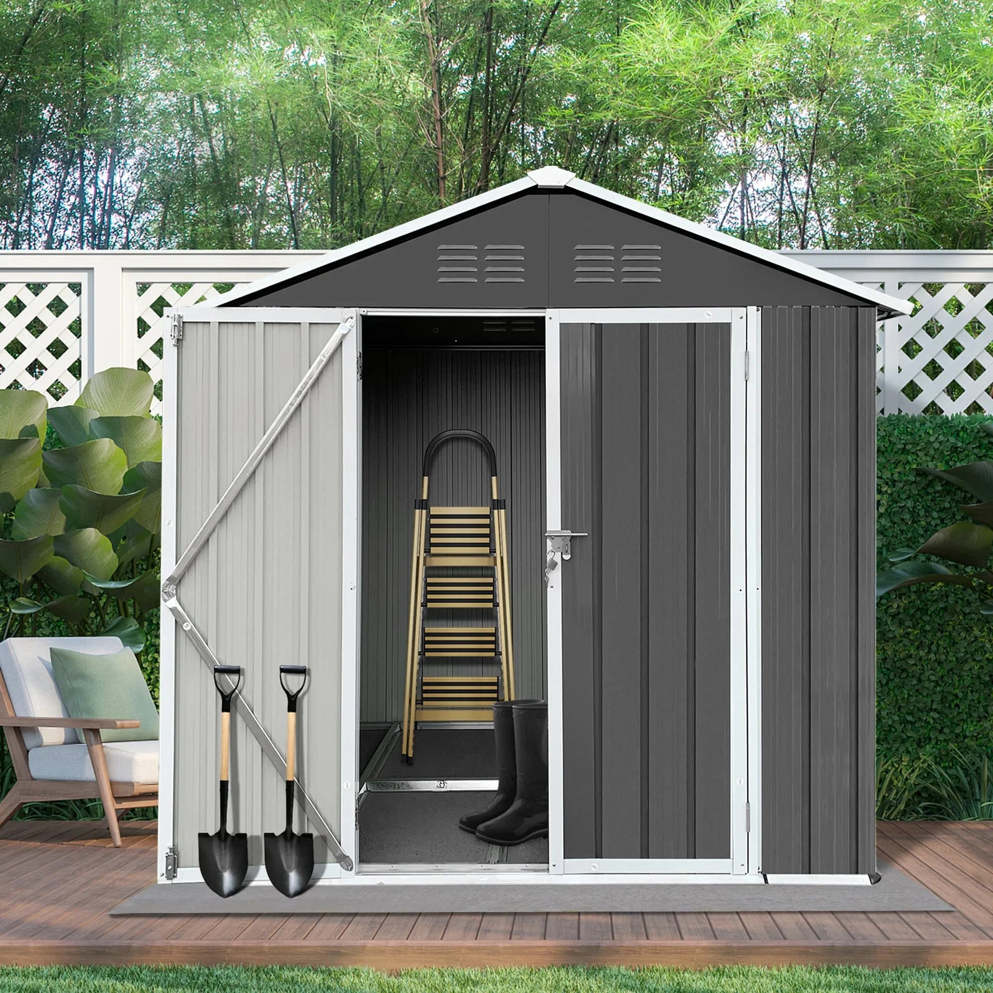 Outdoor Storage Shed with Lockable Doors, Dark Gray(6' x 4'# Gray) - Image 8