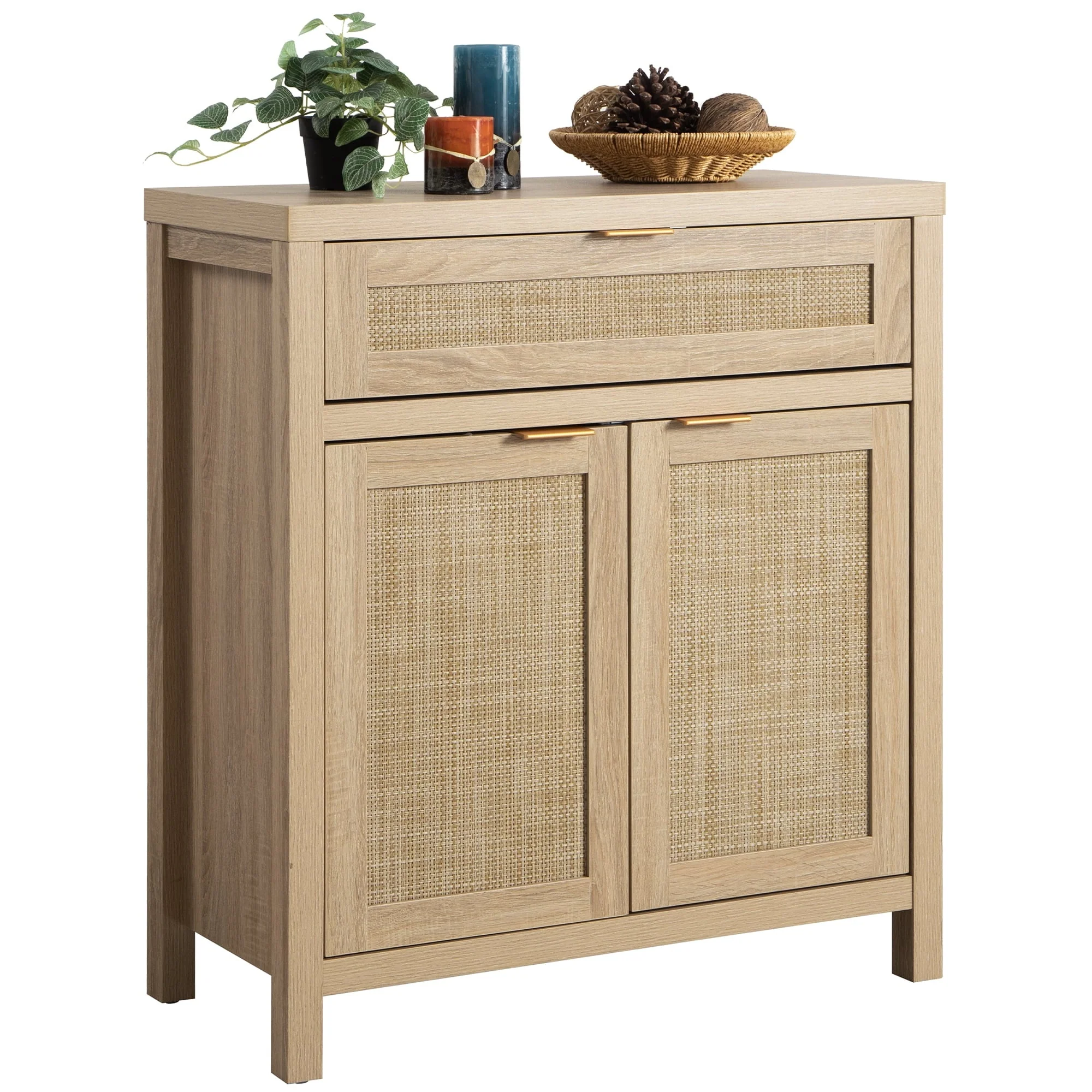 Nopurs Rattan Sideboard Buffet Cabinet, Boho Storage Cabinet Buffet Table with Doors and Drawer, Coffee Bar Cabinet for Kitchen Entryway Living Dining Room, Light Oak