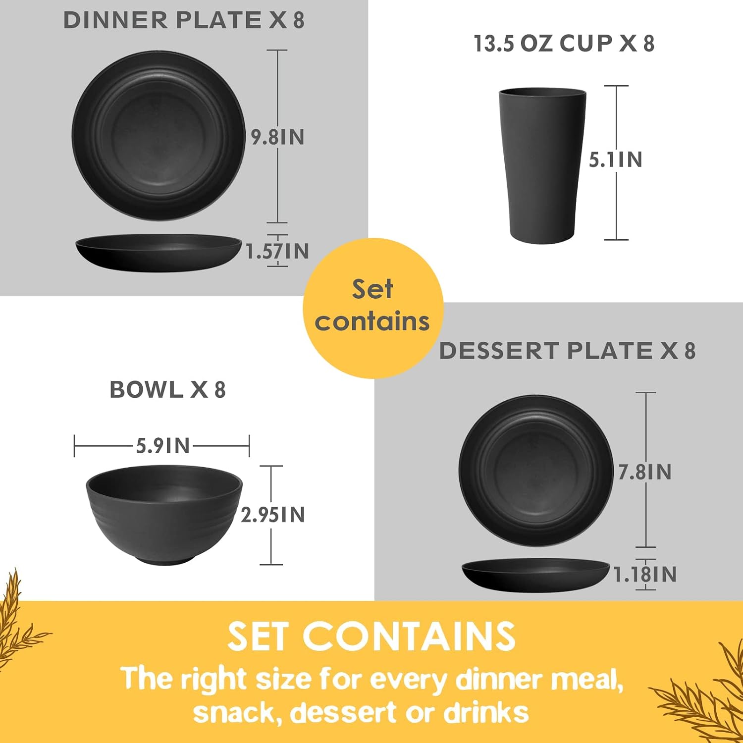 Teivio 32-Piece Plates and Bowls Sets for 8, Black Kitchen Dinnerware Sets