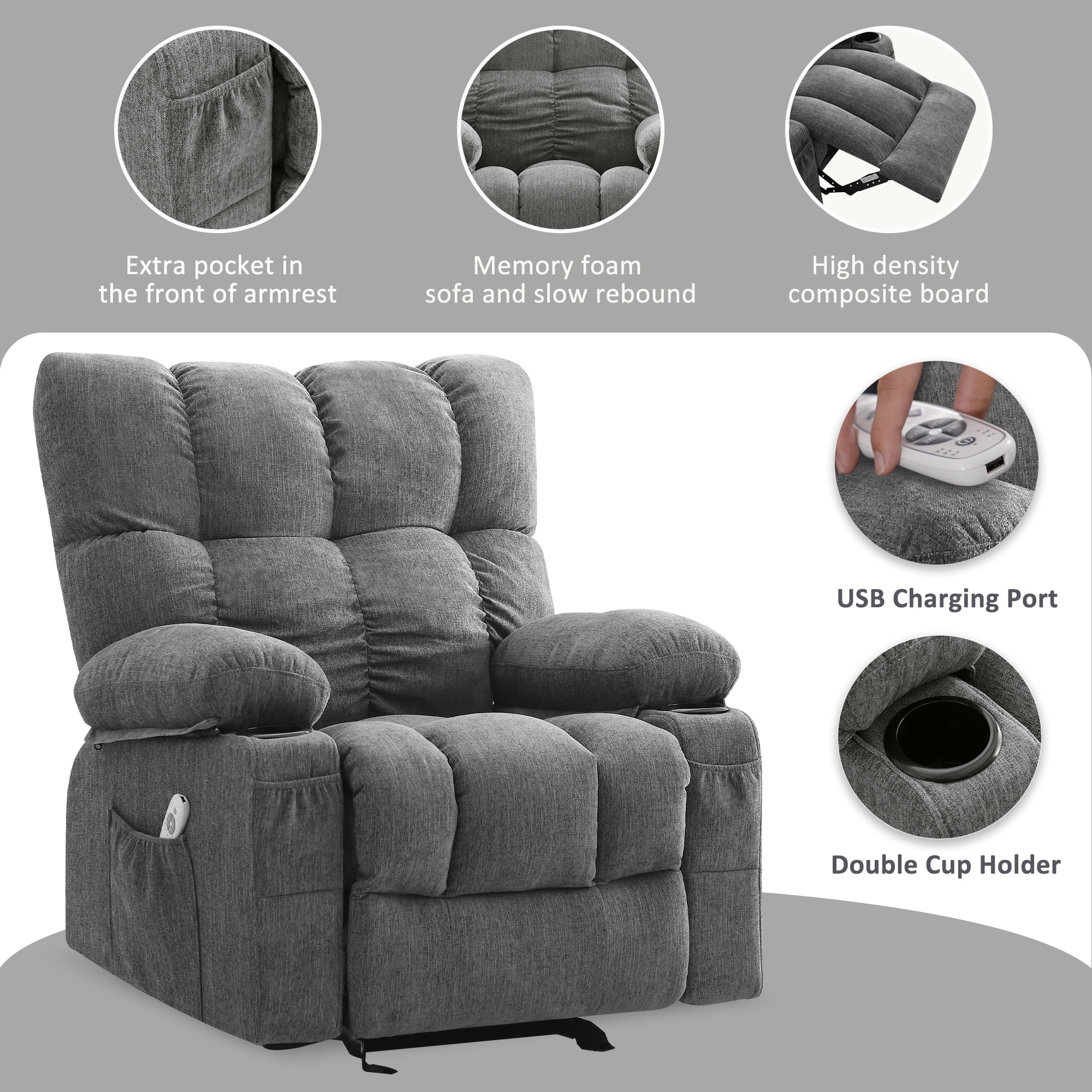 Manual Recliner Chair with Heat Therapy and Massage Function, Heavy Duty Reclining Mechanism Massage Chair, Elderly Single Rocker Sofa with Cup Holders for Bedroom Home Theater,Grey(Regular-Grey) - Image 6