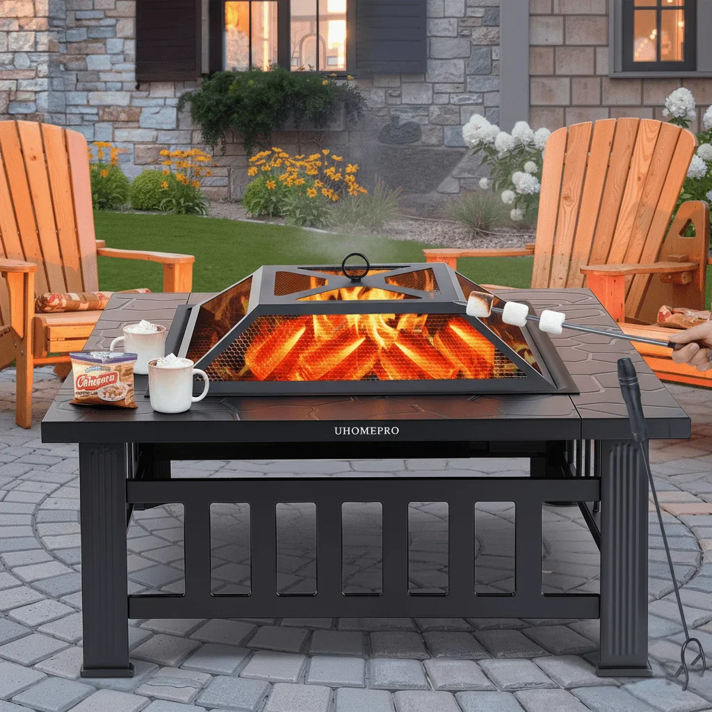Fire Pits for Outside, UHOMEPRO 32 Square Iron Fire Pit Backyard Patio Garden Stove Wood Burning Fire Pit w/ BBQ Net, Waterprrof Cover, Mesh Screen Lid, Wood Grate, Poker, Durable Fire Pit