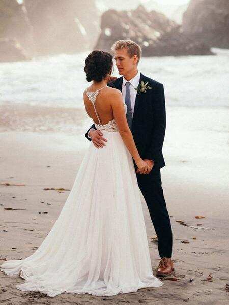 Spaghetti Strap Beaded Ivory Chiffon V Neck Long Cheap Wedding Dresses DMH70