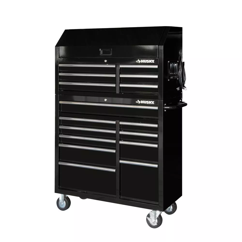 Coffre à outils et armoire combinés, 16 tiroirs, noir brillant, 41 po x 24,5 po de profondeur