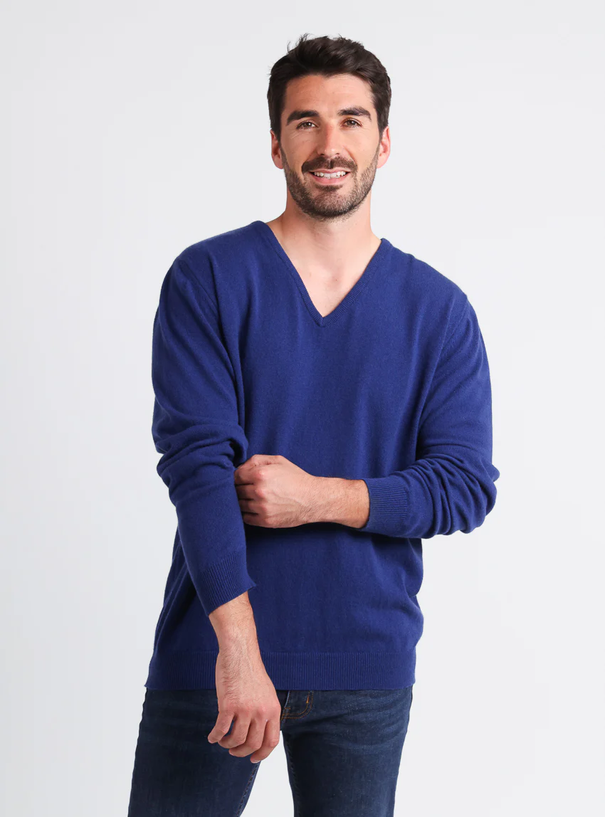Pull homme col V en cachemire et laine bleu indigo