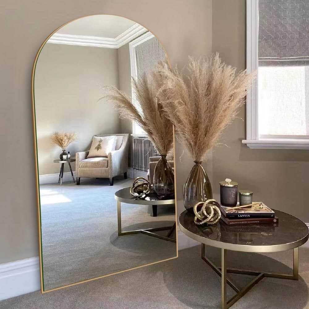 LuxHomez 32 in. W x 71 in. H Oversized Modern Arch Wood Full Length Mirror Gold Wall Mounted/Standing Mirror Floor Mirror