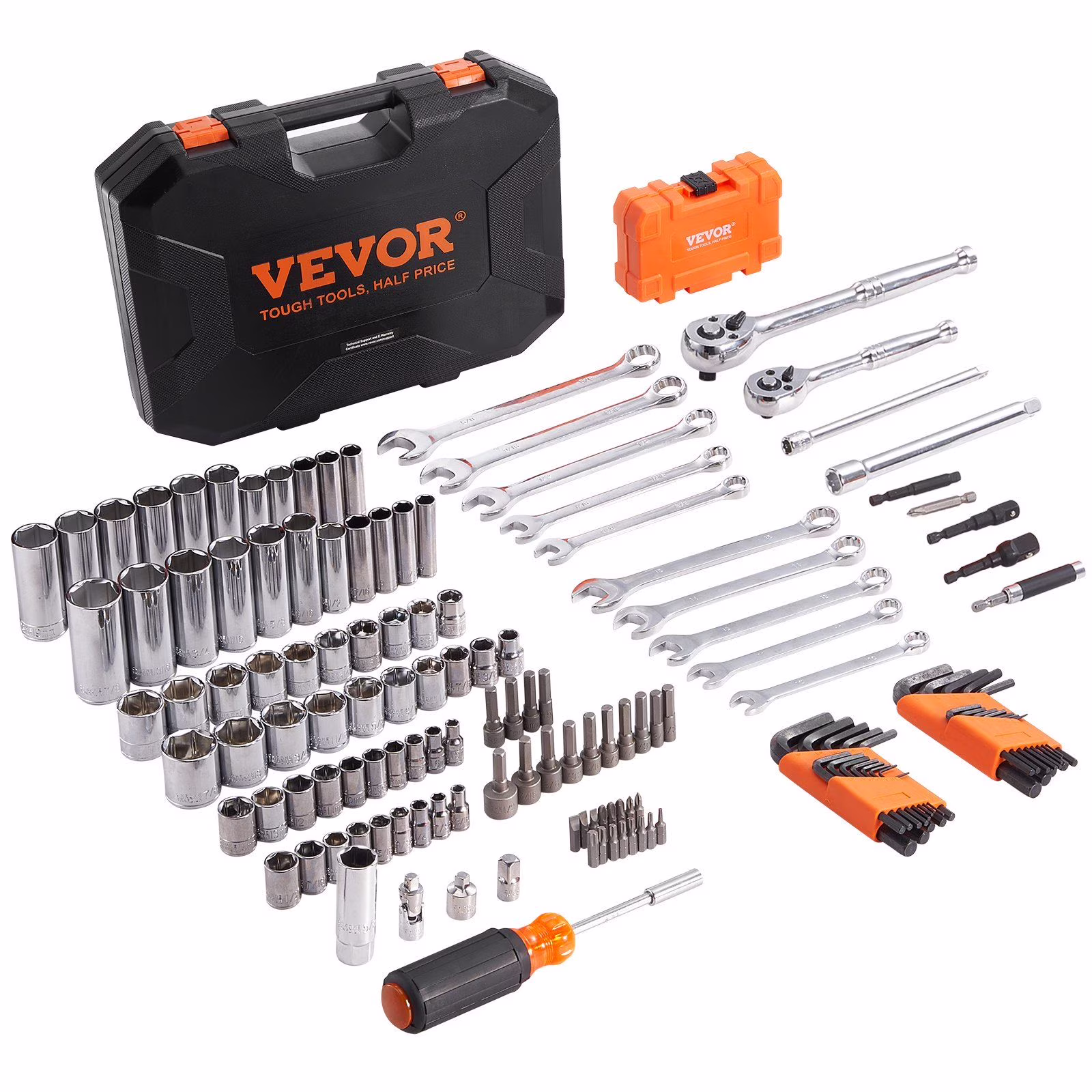 HCY Mechanics Tool Set and Socket Set, 1/4 and 3/8 Drive Deep and Standard Sockets, 145 Pcs SAE and Metric Mechanic Tool Kit with Bits, Combination Wrench, Hex Wrenches, Accessories, Storage Case