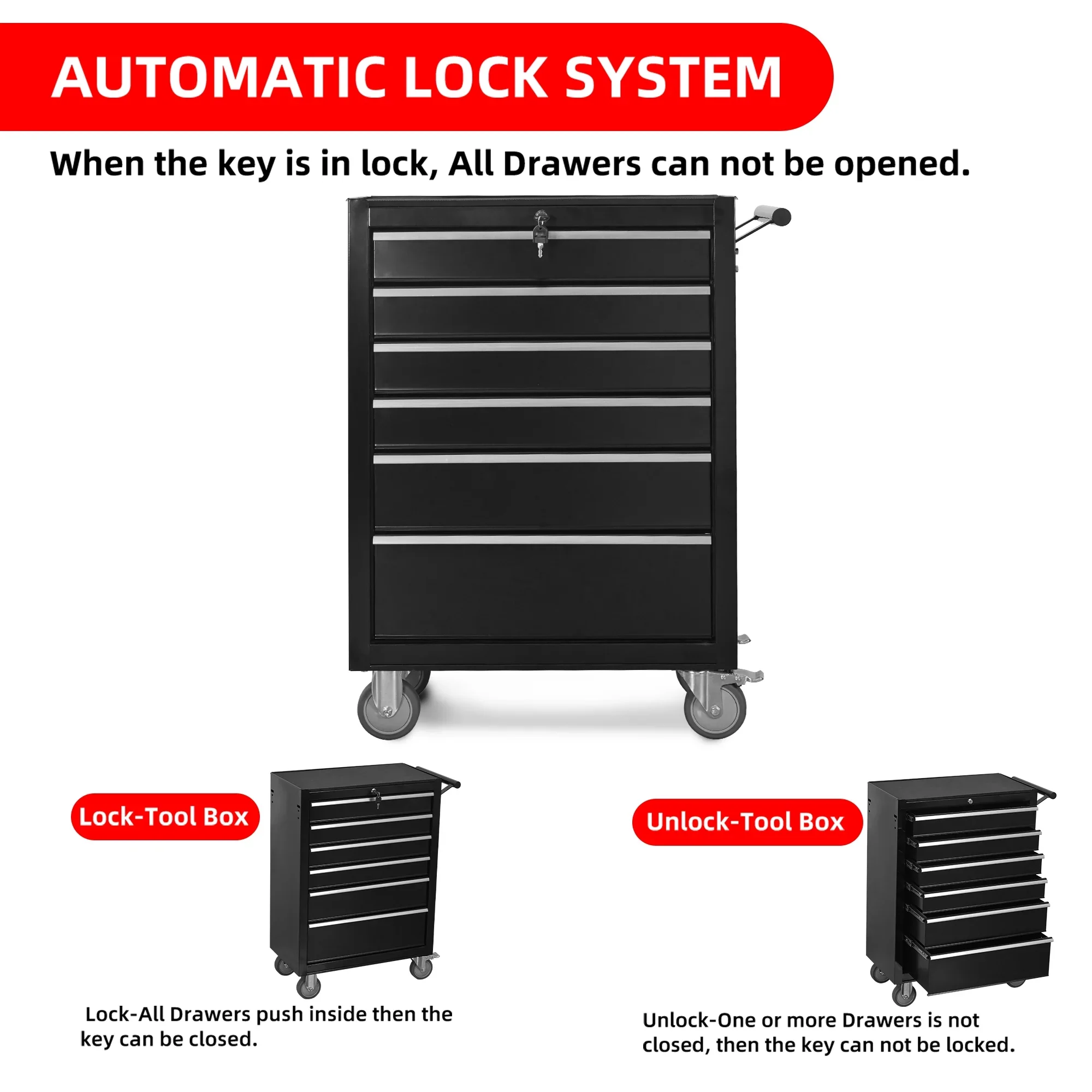 Toperic 6-Drawer Rolling Tool Chest Cabinet with Wheels and Locking Black
