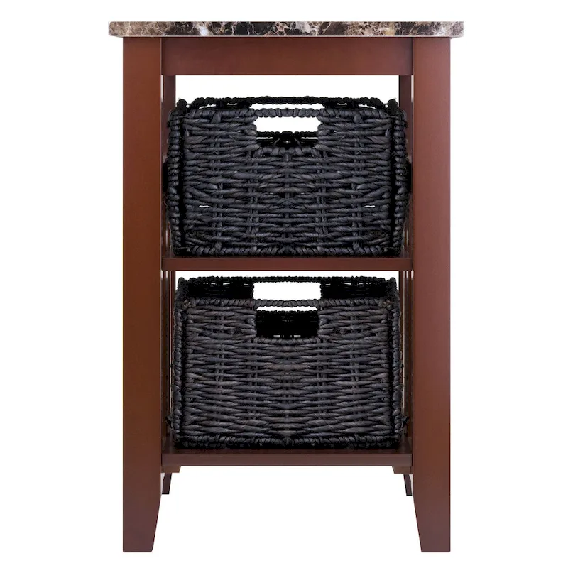 Side Table with Faux Marble Top and 2 Woven Baskets