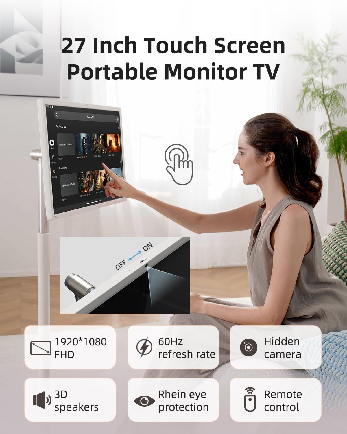 KTC 27 Inch Portable TV Monitor - 1080P Touch Screen Gaming Computer Monitor  60Hz  Bulit-in Camera  Compatible with Google TV  4000:1 Contrast  9500mAh Battery  Tilt/Swivel/Pivot/Height Adjustment