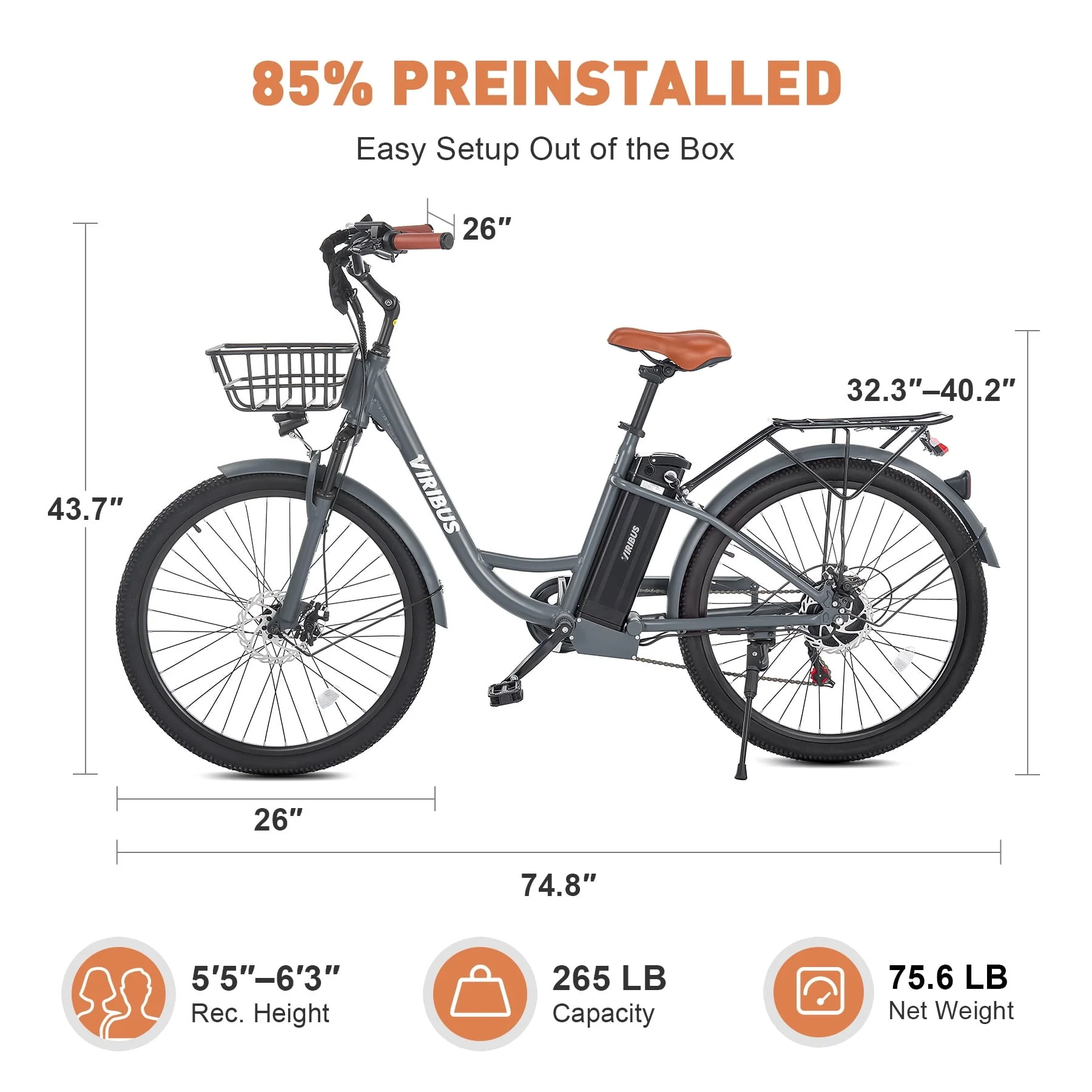 Viribus Electric Bike for Adults 26" 500W eBike with Pedal Assist 48V Battery, Black