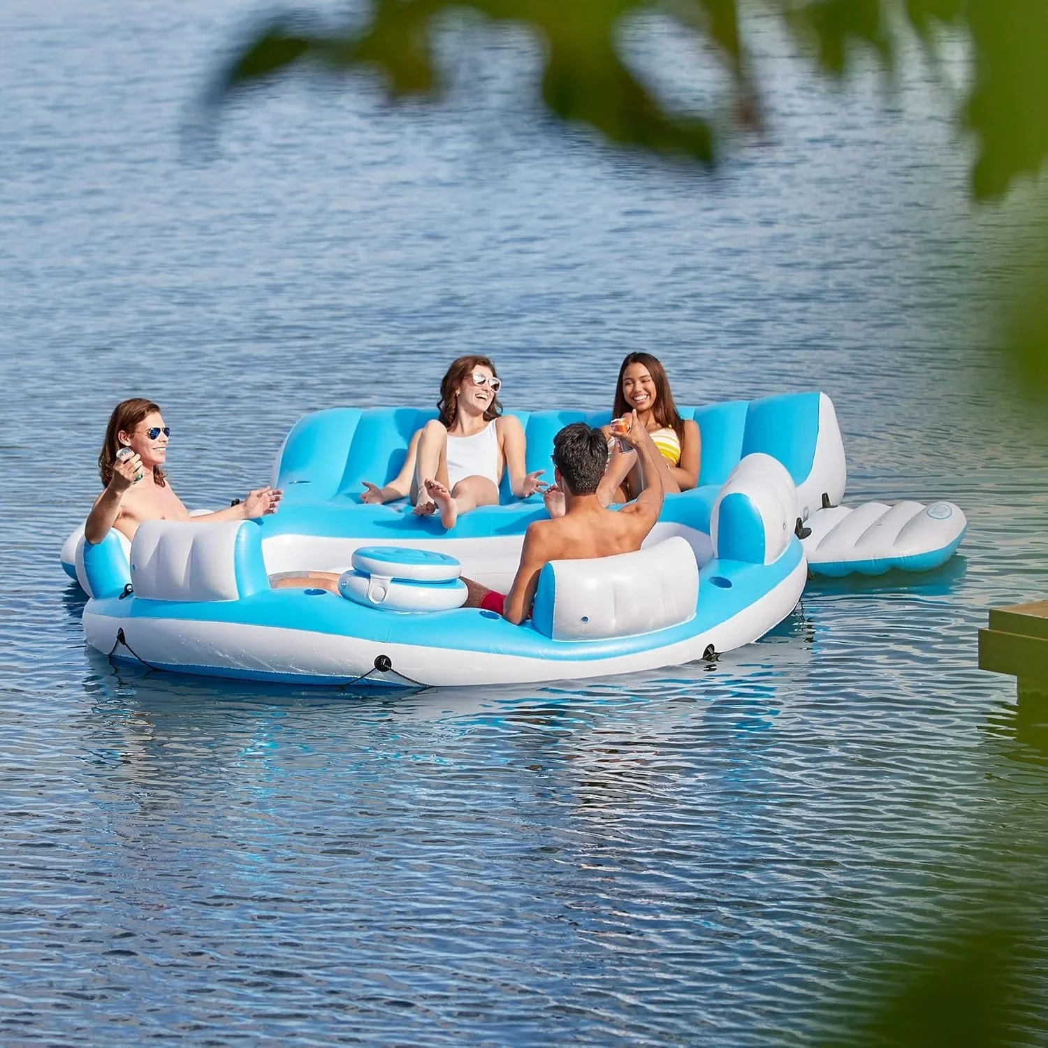 145 X 125 X 20 Inch Inflatable Lake and Pool Relaxation Island Lounger Seat for Up to 7 Adults, Blue and White
