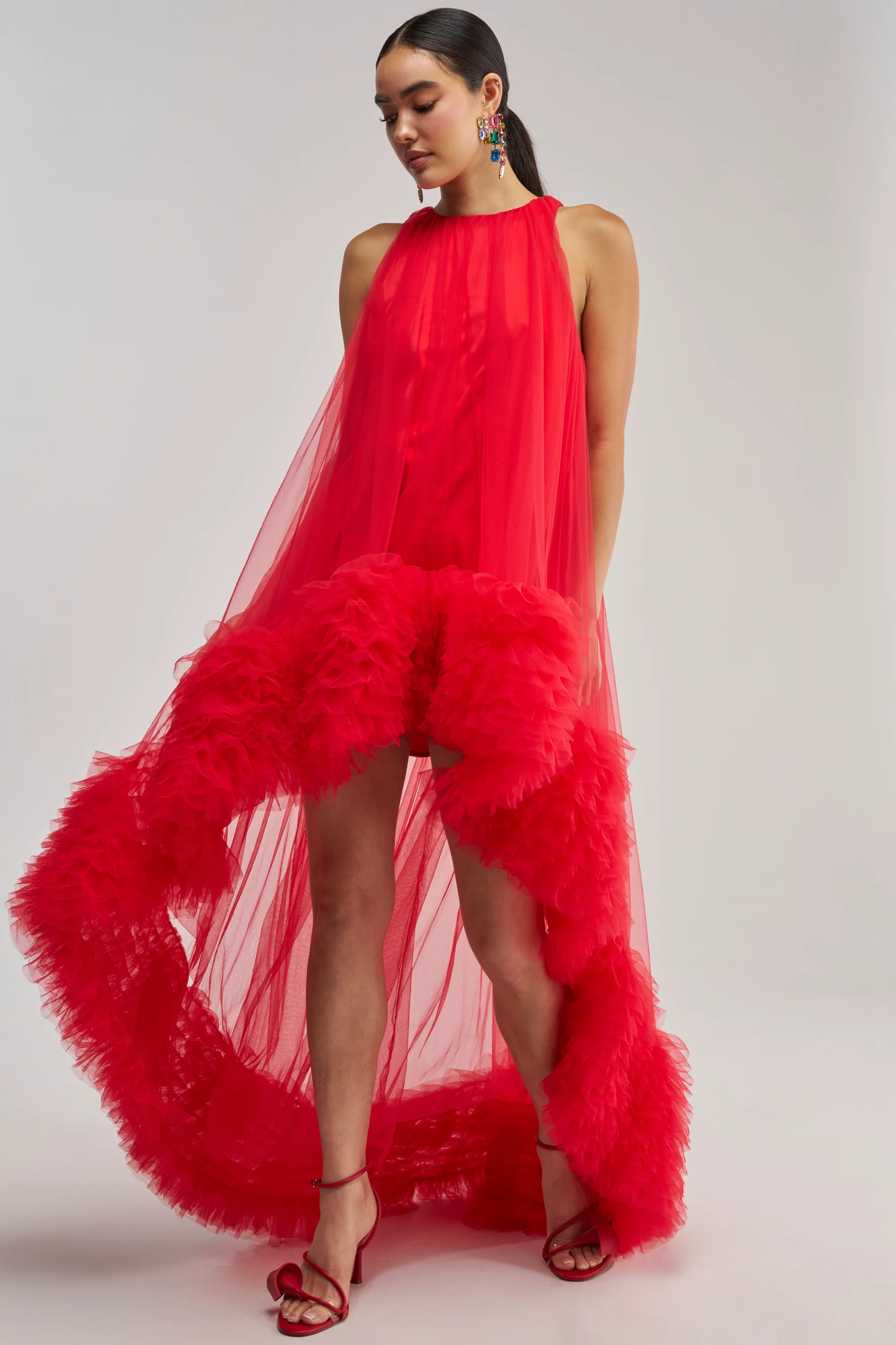 ARI TULLE RUFFLE HIGH LOW MINI DRESS IN RED - Akira Store