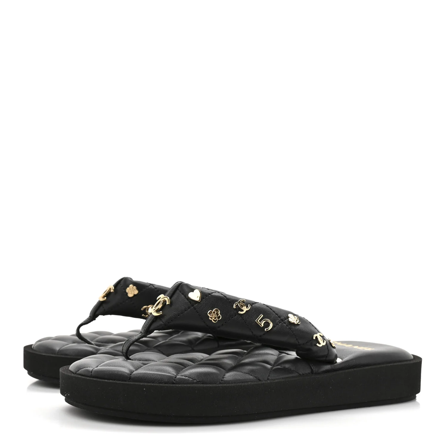Lambskin Quilted Padded Charms Thong Sandals 36 Black