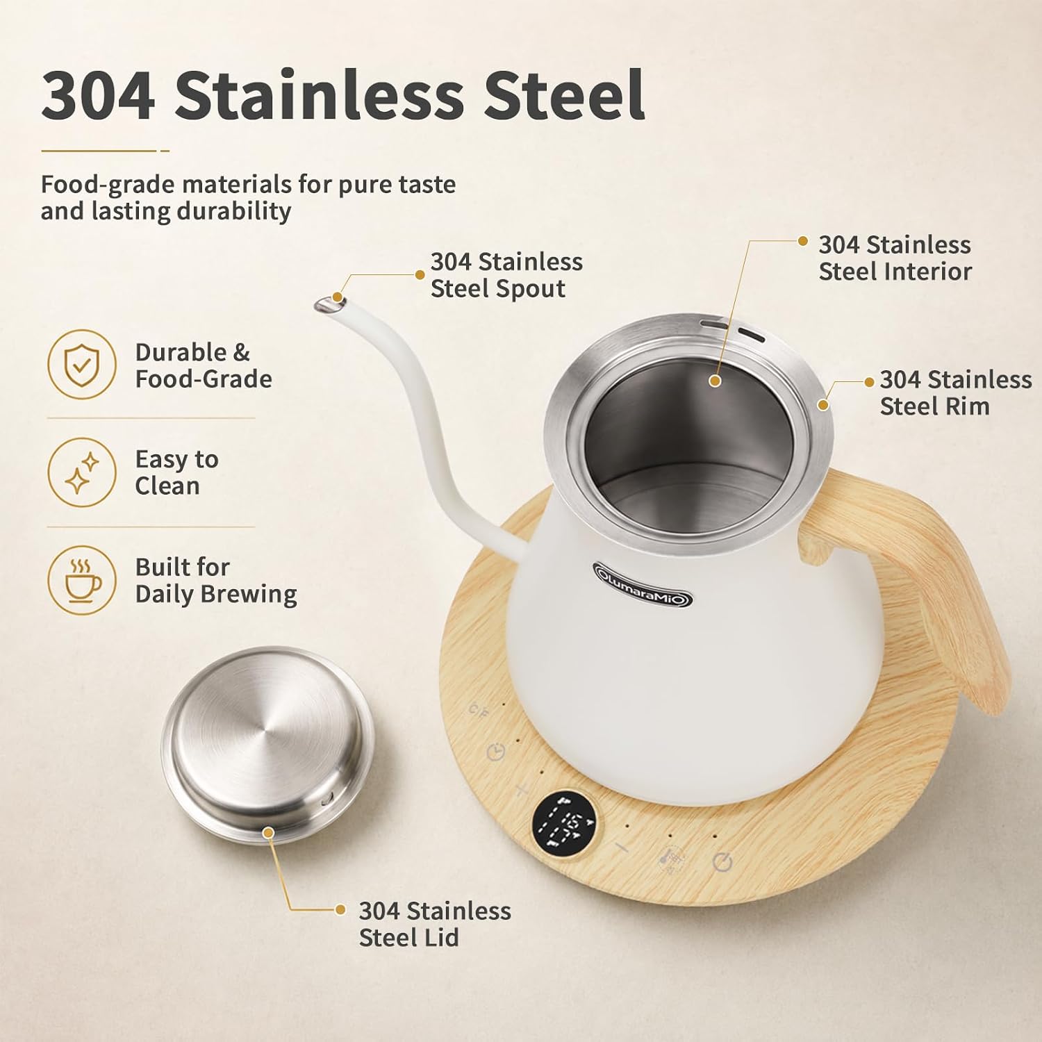 Olumaramio 0.8L Gooseneck Electric Kettle, ±1 ° F Temp Control, Wood-Grain