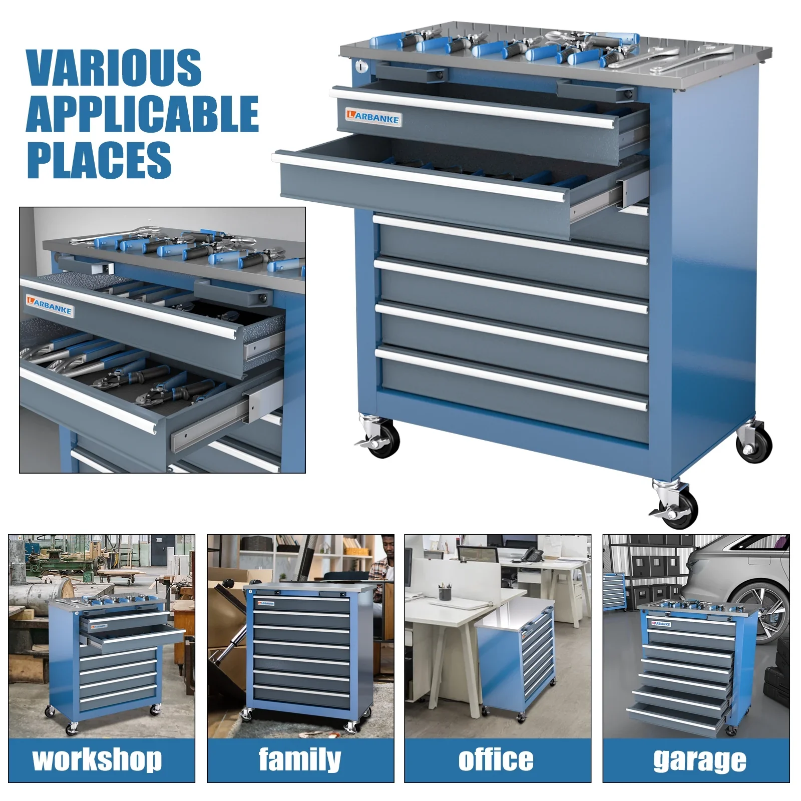 Rolling Tool Chest 5-Drawer Tool Cabinet with Stainless Steel Top Key Lock Heavy-Duty