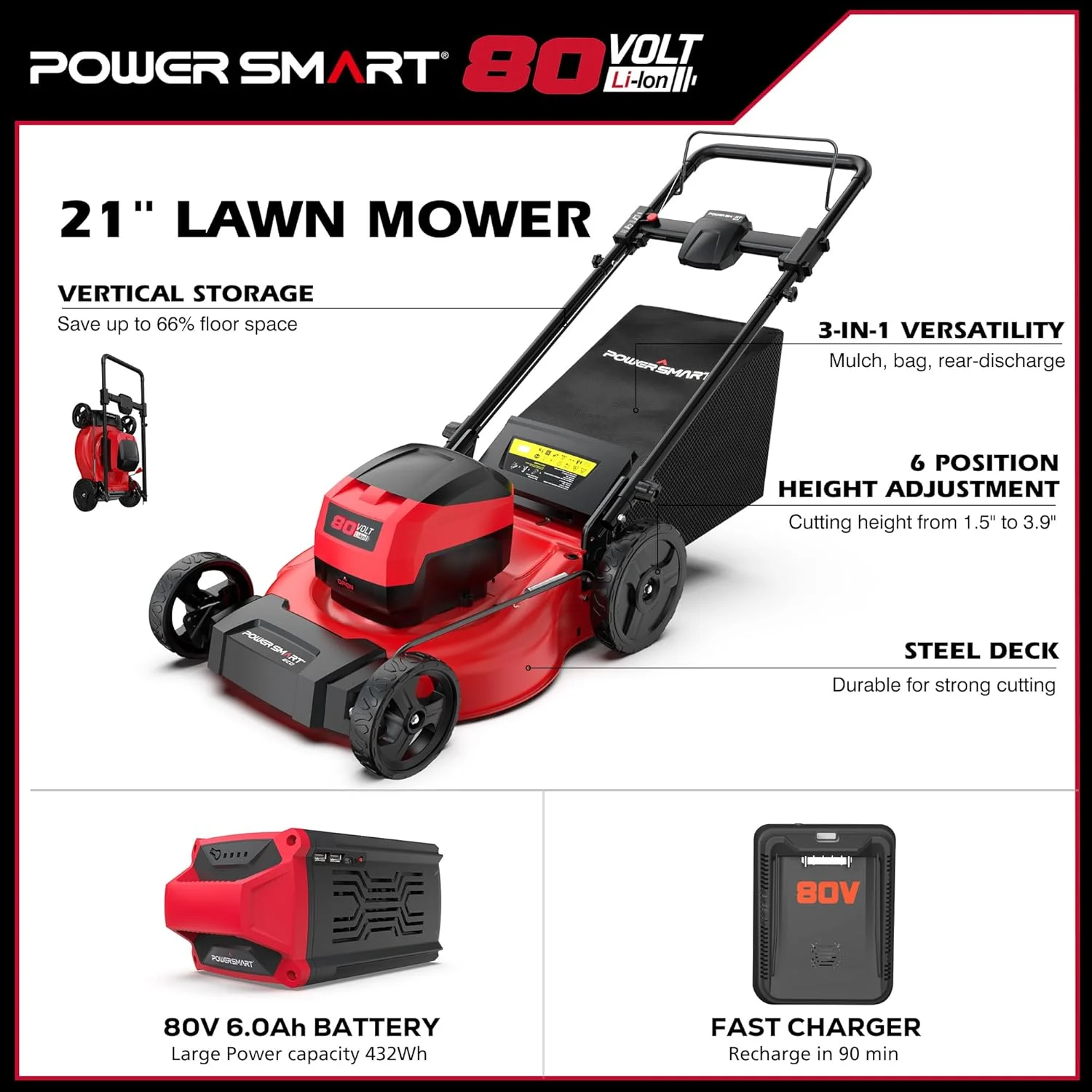 3-in-1 21" 6A 80V Cordless Lawn Mower, Brushless Motor, 6 Position Height Adjustment - Image 2
