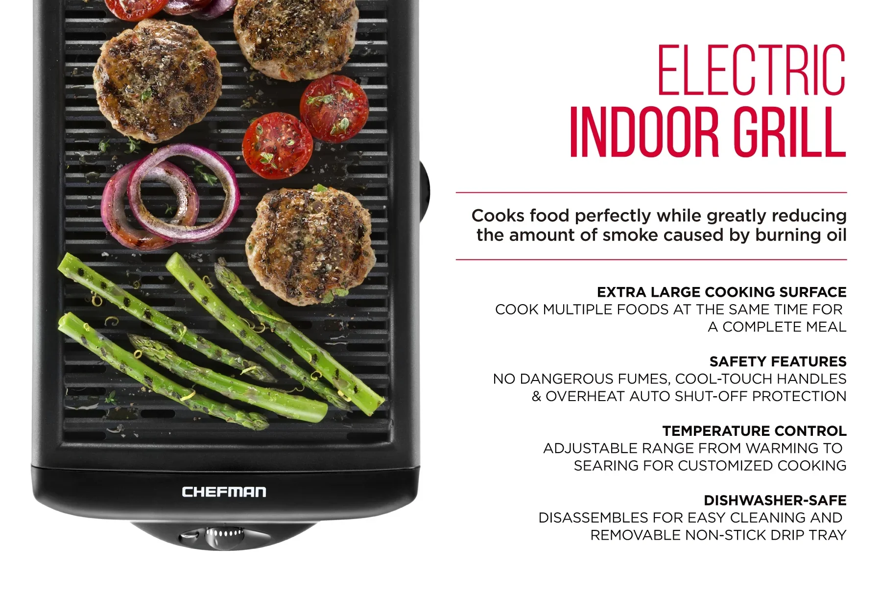 Electric Smokeless Indoor Grill with Non-Stick Cooking Surface and Adjustable Temperature Knob from Warm to Sear for Customized Grilling, Dishwasher Safe Removable Drip Tray, Black