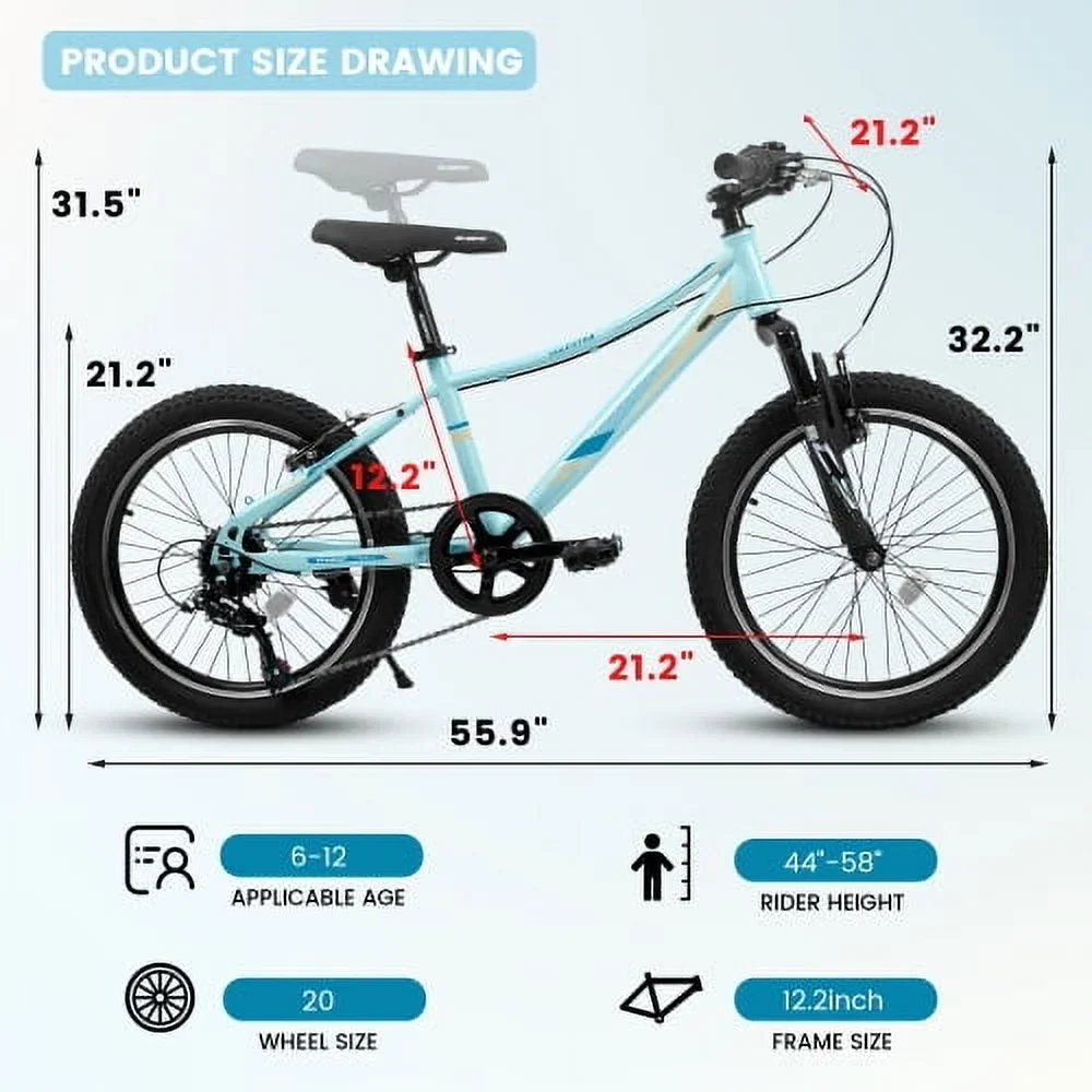 Tyethy 20 inch Mountain Bike for Men ,Shimano 7 Speeds Front Suspension Bike Bicycles Aluminum Frame V-Brake ,Blue