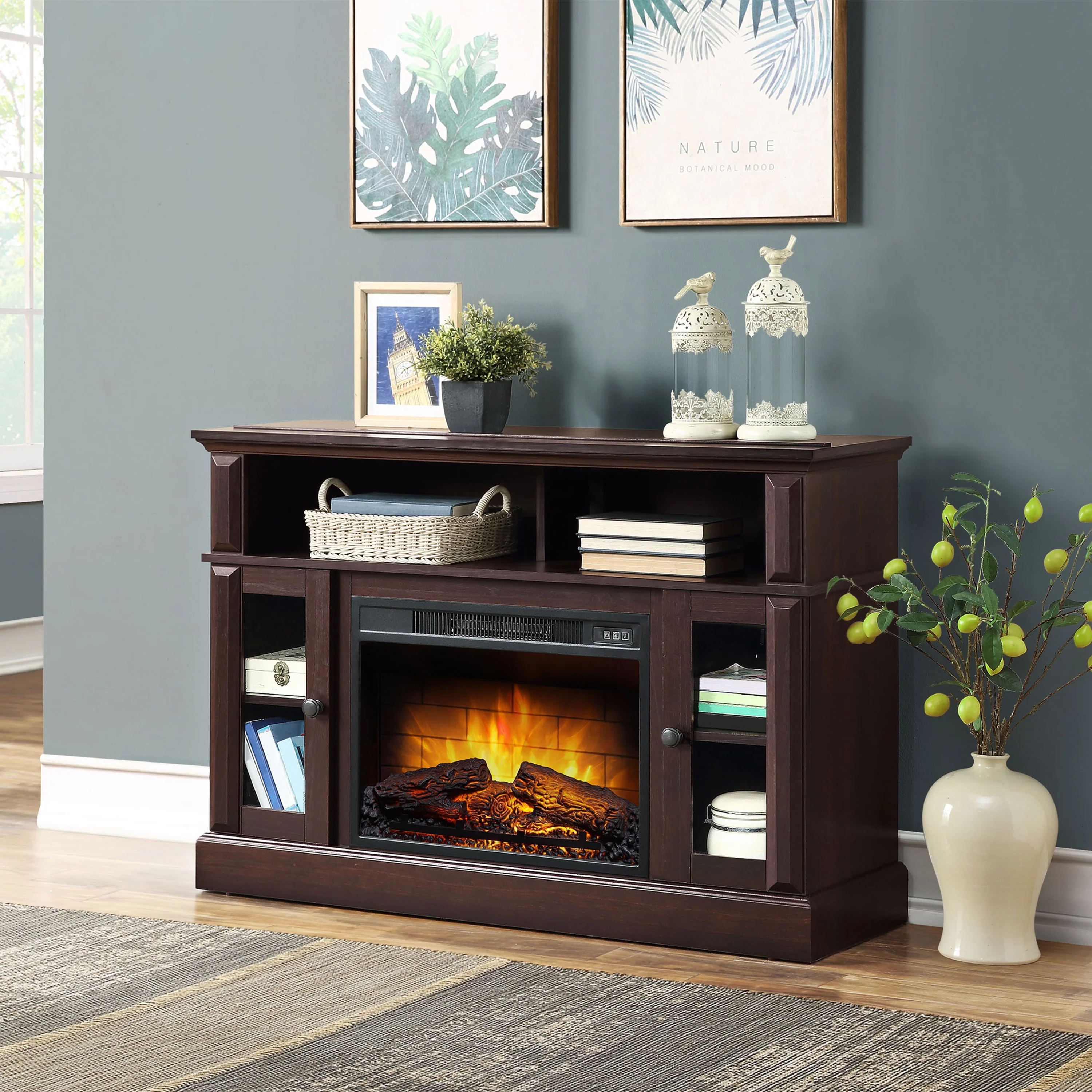 Whalen Furniture Barston Media Fireplace TV Stand for Tvs up to 55, Cherry Brown Finish
