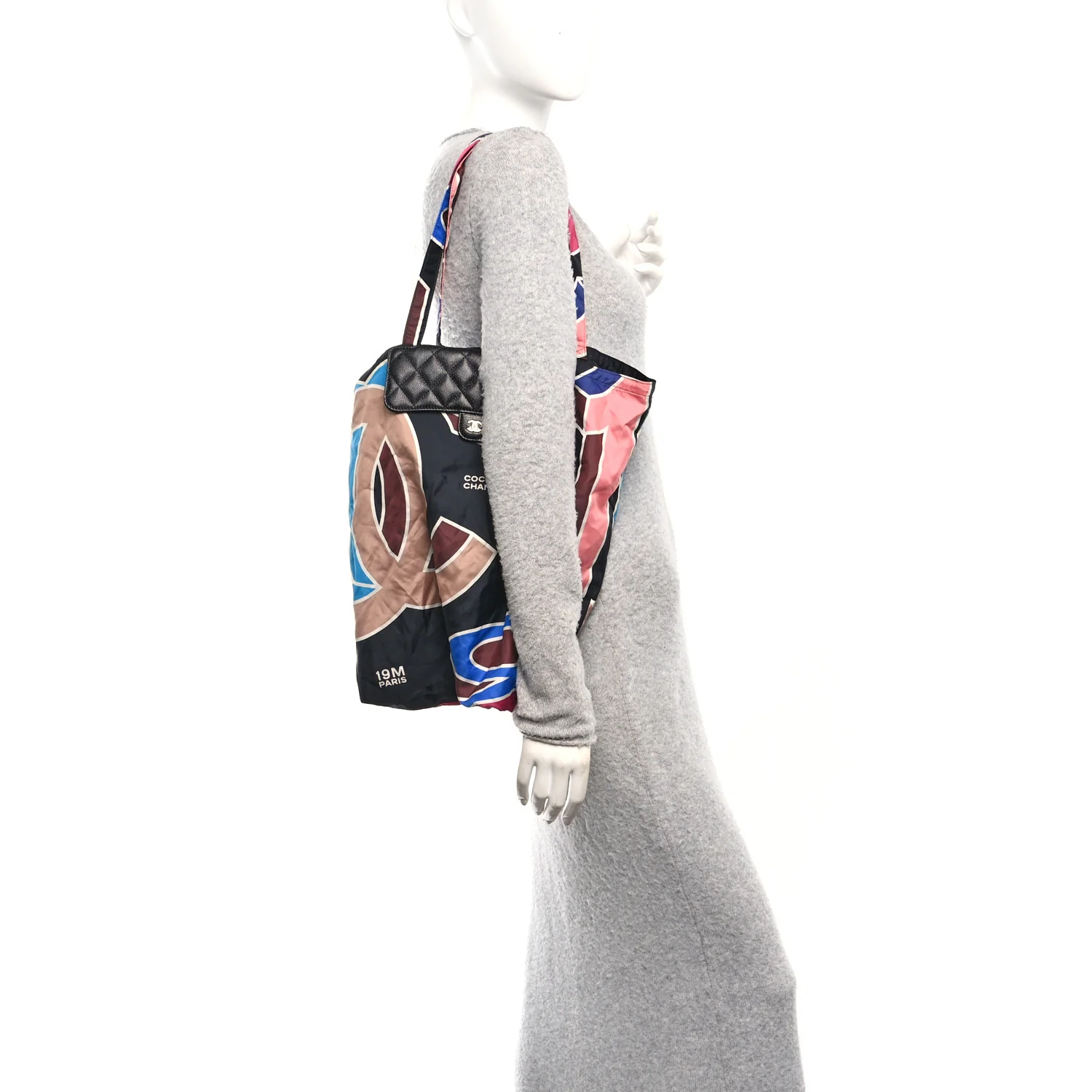Caviar Fabric Foldable Tote Bag With Chain Black Multicolor