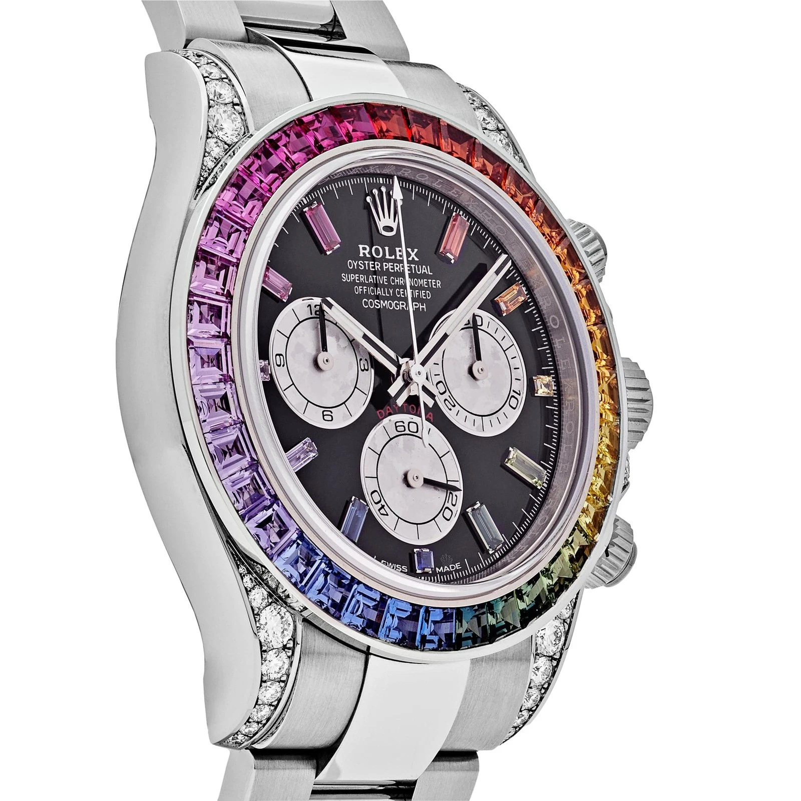 [Super Clone]Rolex Daytona  'Rainbow' White Gold Black Dial Sapphire Bezel  116599RBOW