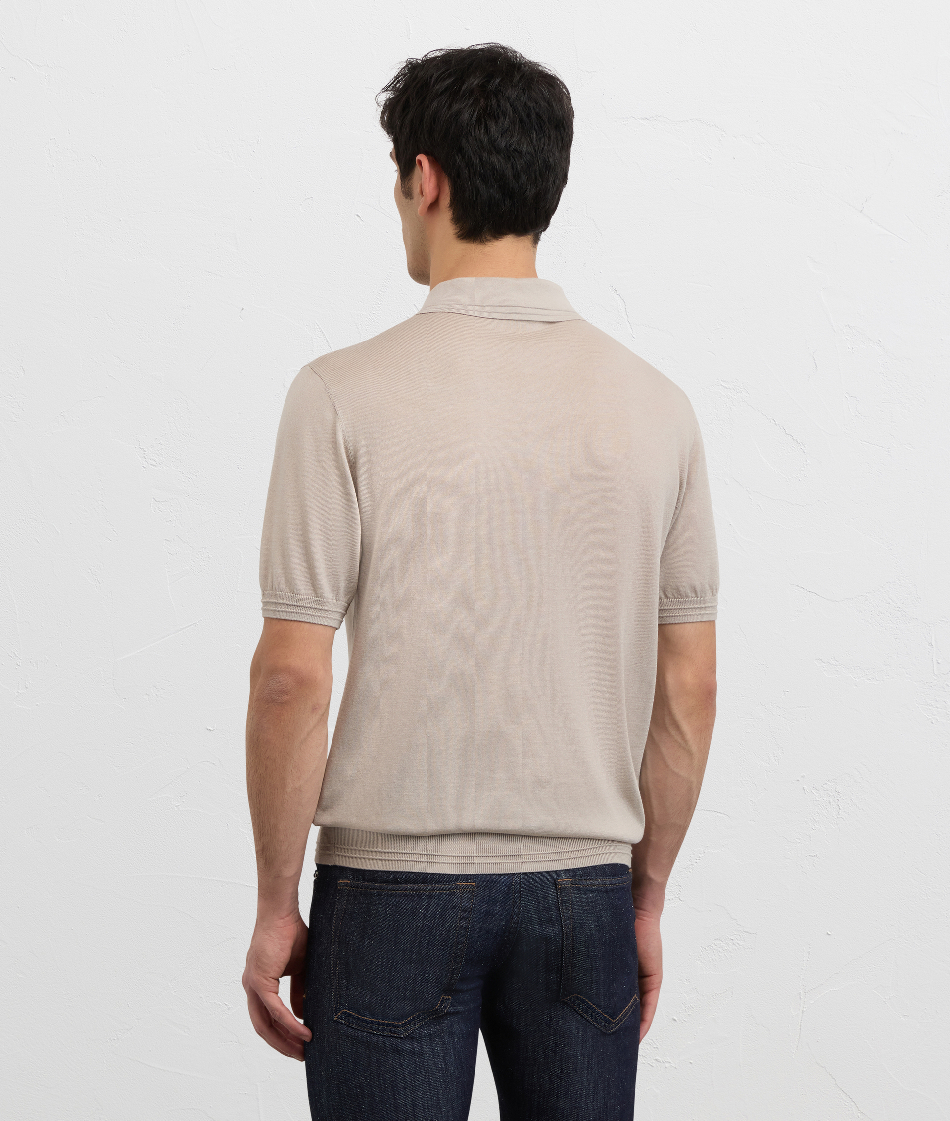 LIGHT GREY LYOCELL COTTON AND SILK KNITTED SHORT SLEEVED POLO SHIRT
