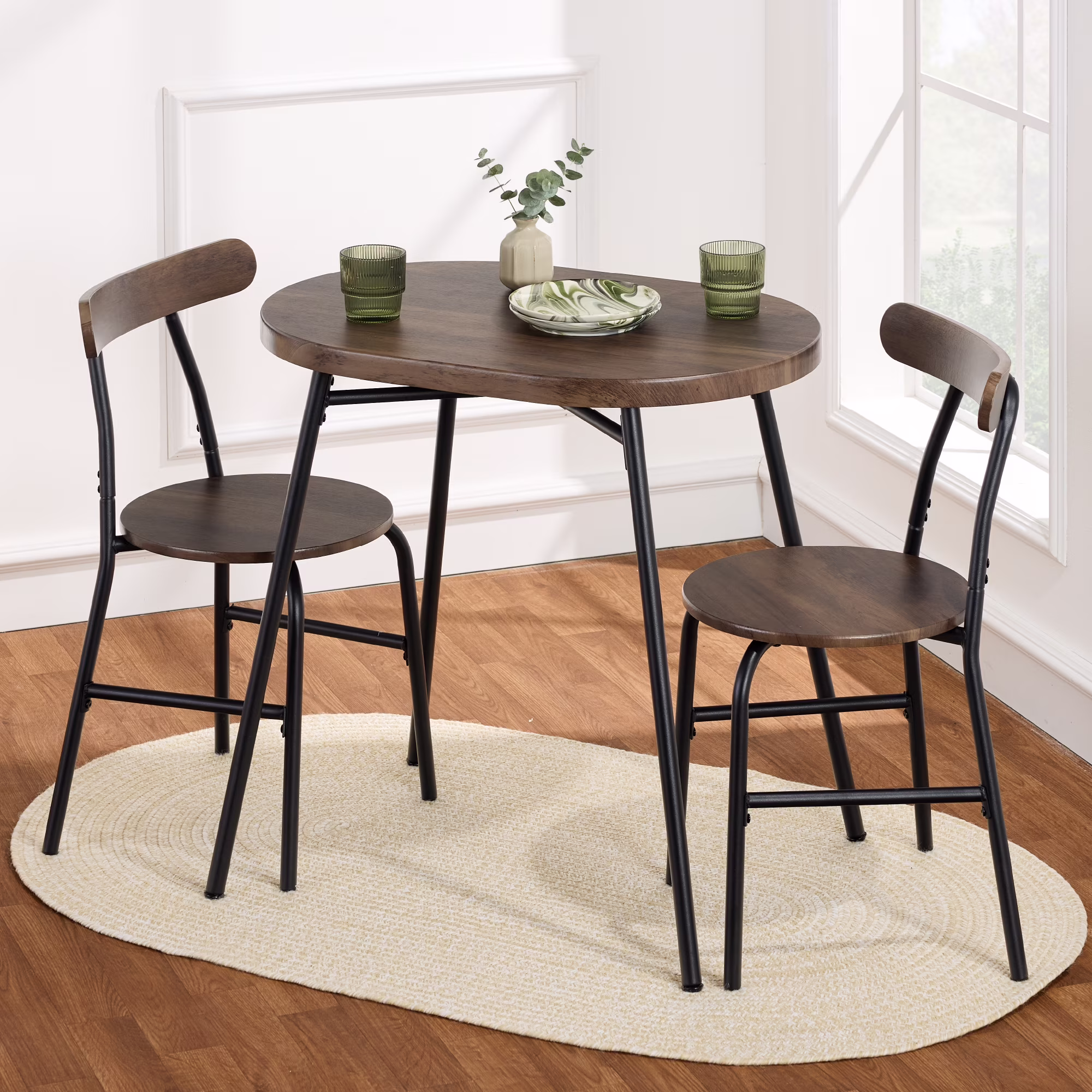 3-Piece Modern Oval Dining Table Set, Small Kitchen Dinette w/ 2 Chairs Black/Black(Black/Black) - Image 9