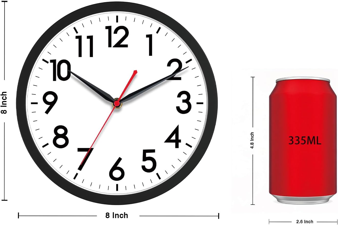 AKCISOT 8 Inch Wall Clock, Silent Battery Operated Analog Clock, Black| Small Size| Bedroom| Office| Kitchen| Bathroom| Classroom| Modern| Easy to Read