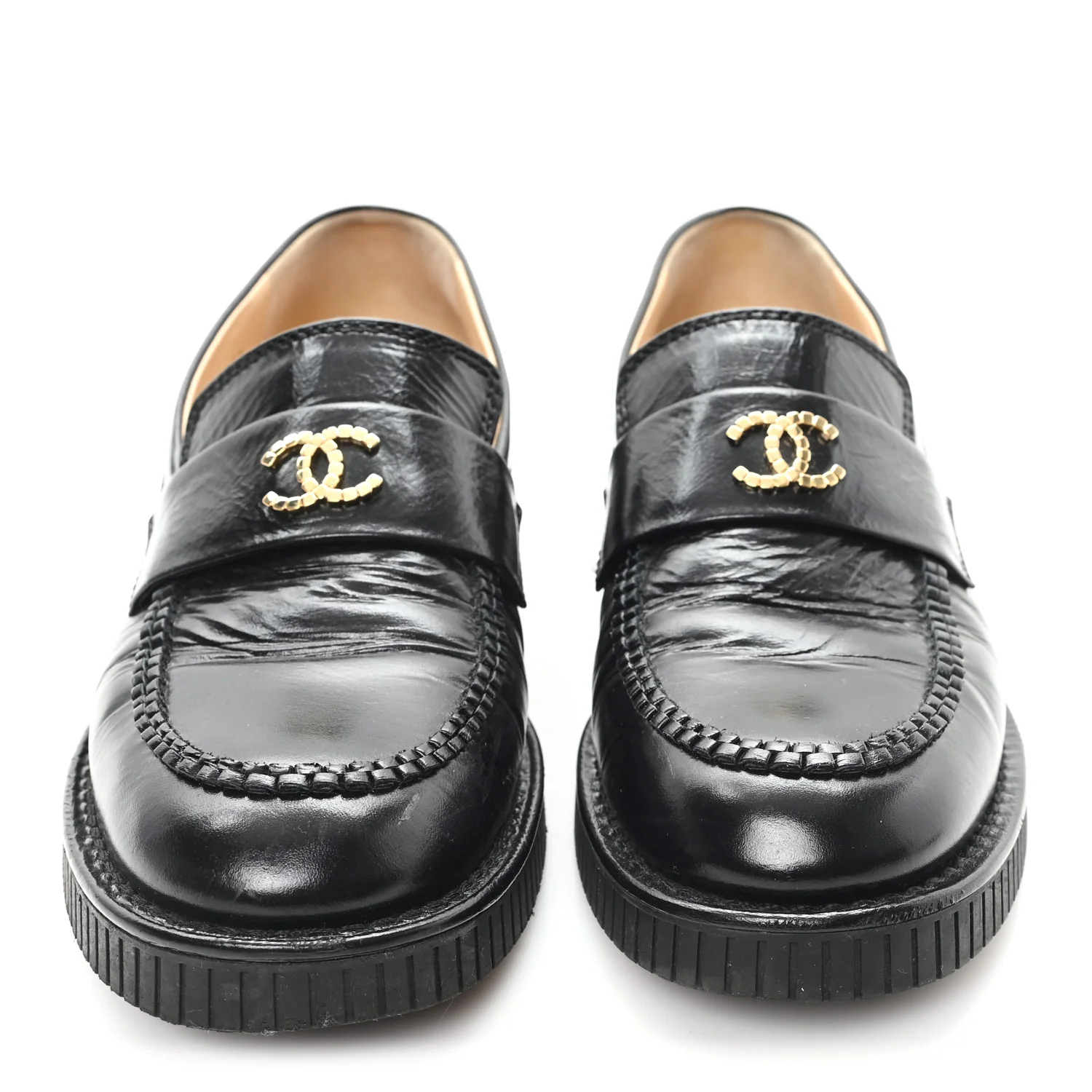 Shiny Crumpled Calfskin CC Mocassin Loafers 38.5 Black