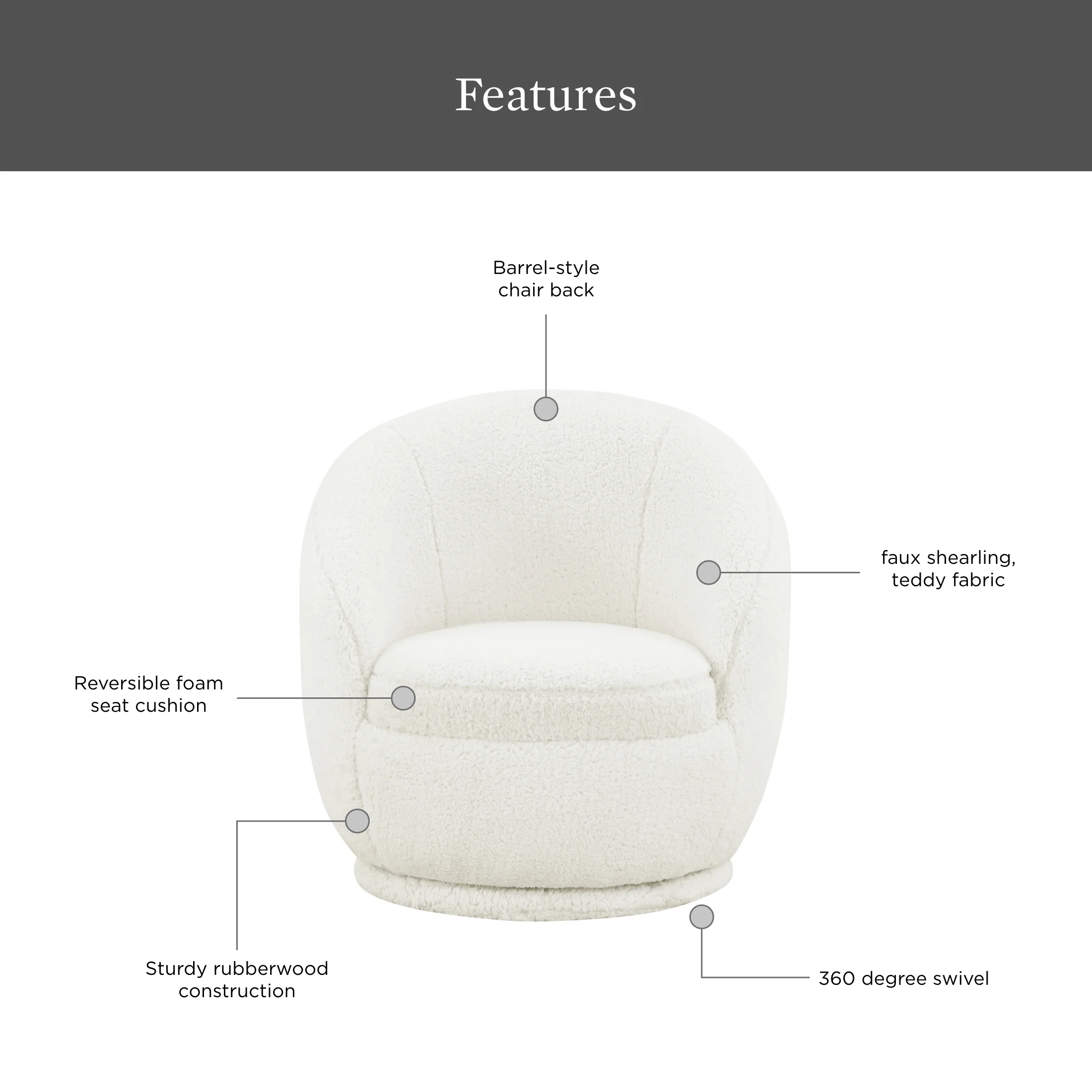 Mira Kids Swivel Chair, Cream Faux Shearling(Cream) - Image 2