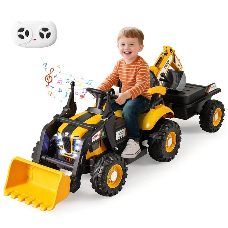4-in-1 Kids Ride on Tractor, 12V Electric Excavator Bulldozer with Trailer, Digger & Remote Control, Backhoe Construction Vehicle Toy for Ages 3+