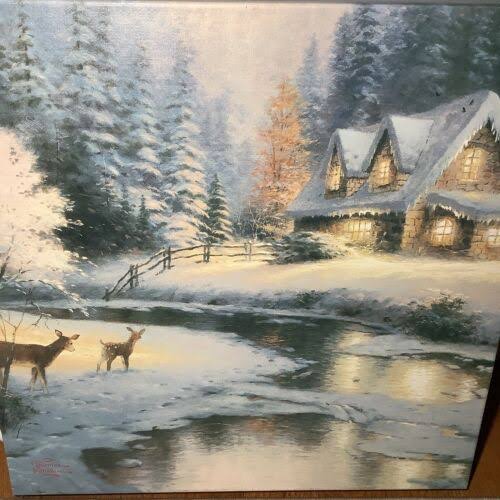 Thomas Kinkade Canvas Painting - Village Prints Pictures Farmhouse Mountain Lake Nature Wall Art for Living Room Bedroom Decor 16x24 inch Unframed