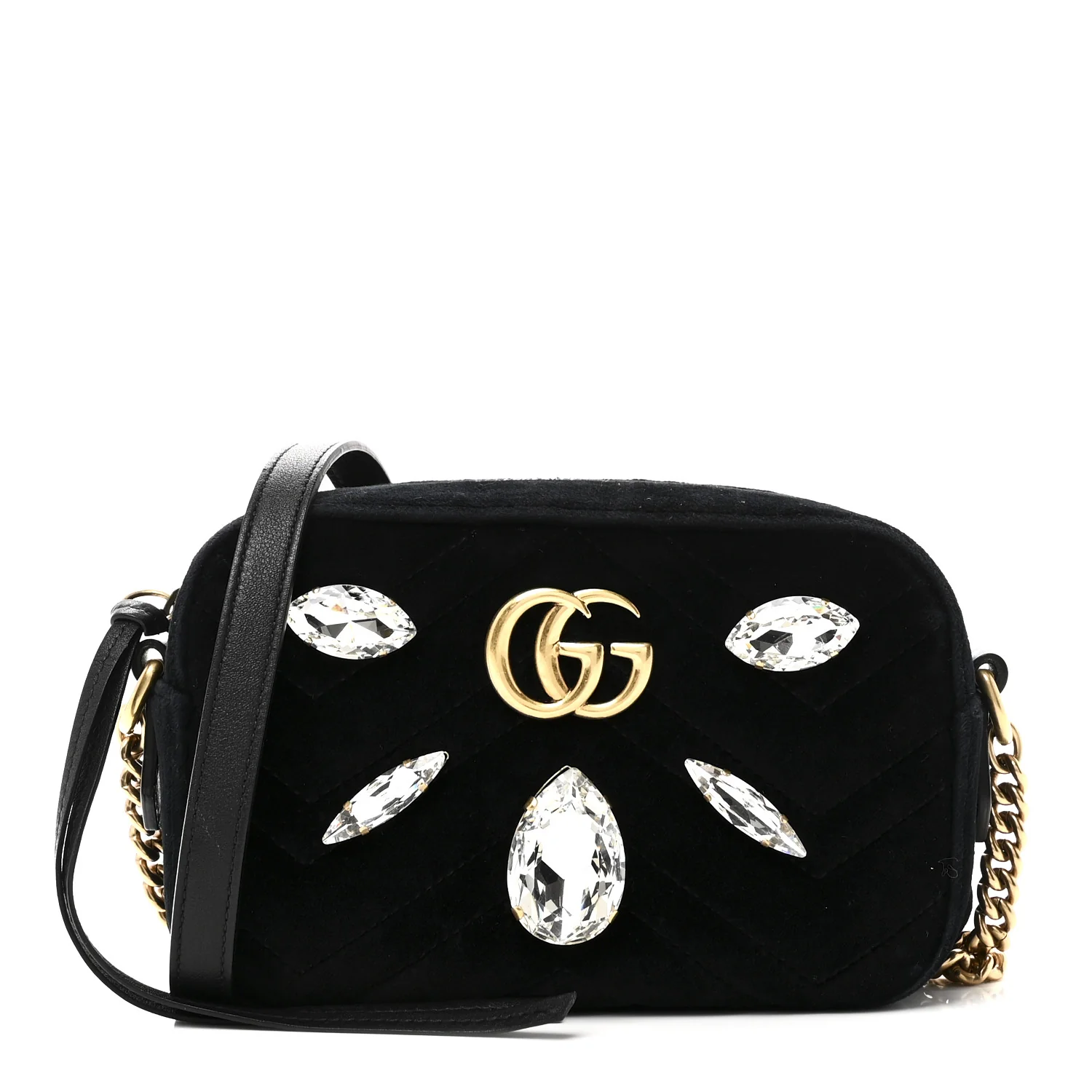 Velvet Matelasse Marquise Crystals Mini GG Marmont Chain Shoulder Bag Black