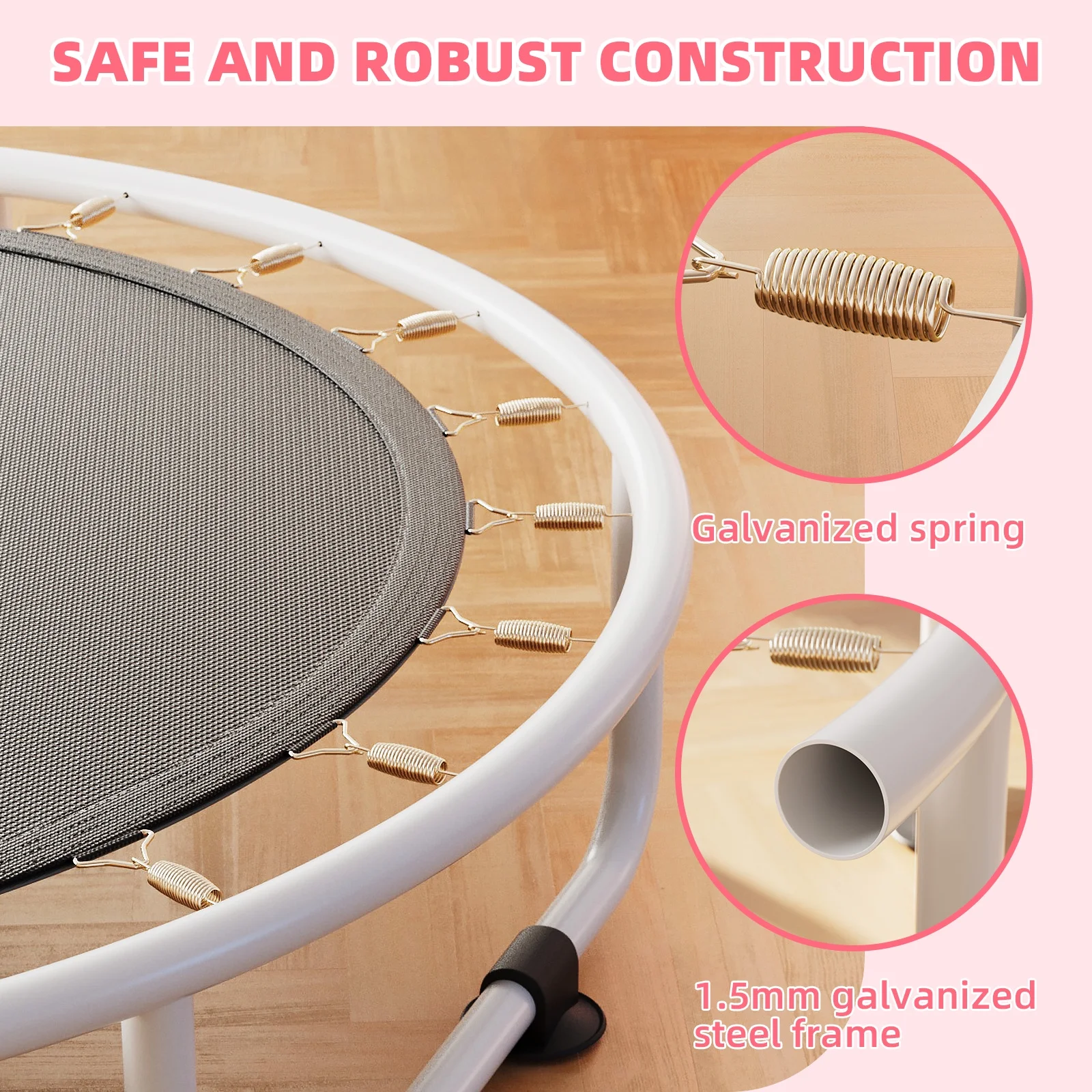 60" Toddler Trampoline Mini Trampoline for Kids with Enclosure Net 5FT Mini Trampoline with Swing Sandbag Basketball Hoop for Kids, Boys Girls,440Lbs Pink(Pink) - Image 2