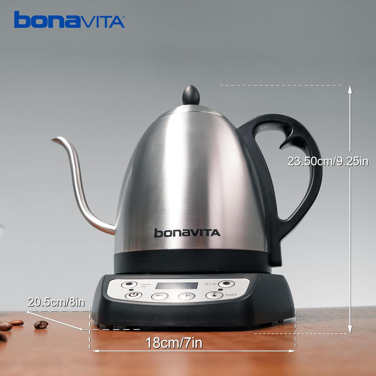 Bonavita 1L Digital Variable Temperature Gooseneck Electric Kettle for Coffee Brew and Tea Precise Pour Control, 6 Preset Temperatures, Coffee or Home Use, 1200 Watt, LED Panel, Stainless Steel