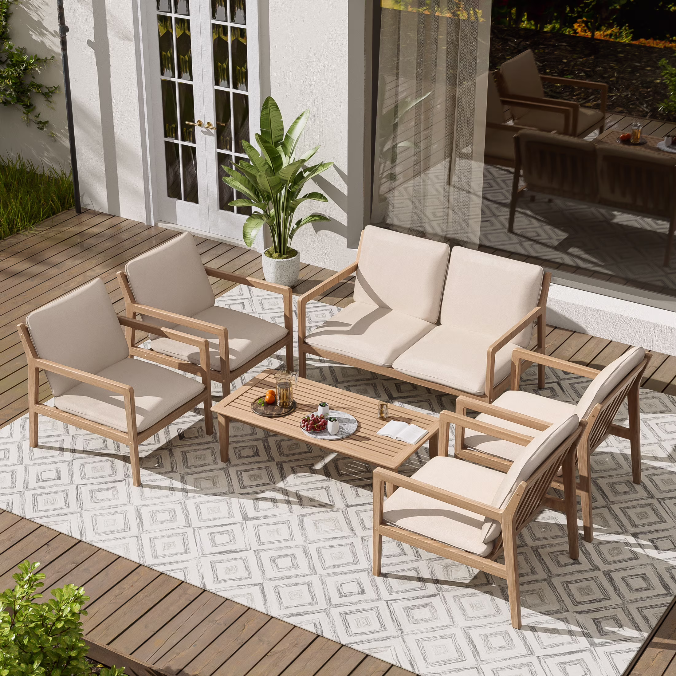Christopher Knight Home 4 - Piece Outdoor Conversation Set, Solid Wood Frame with Beige Cushions, Light Teak