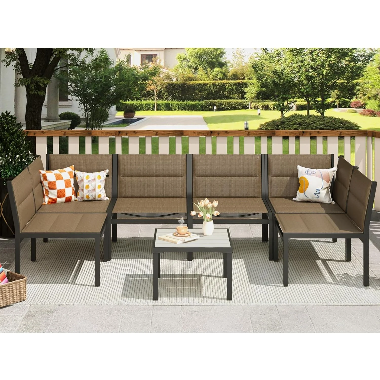 AECOJOY 7 Pieces Outdoor Sectional Furniture Textilene Fabric Outdoor Conversation Sets, Brown