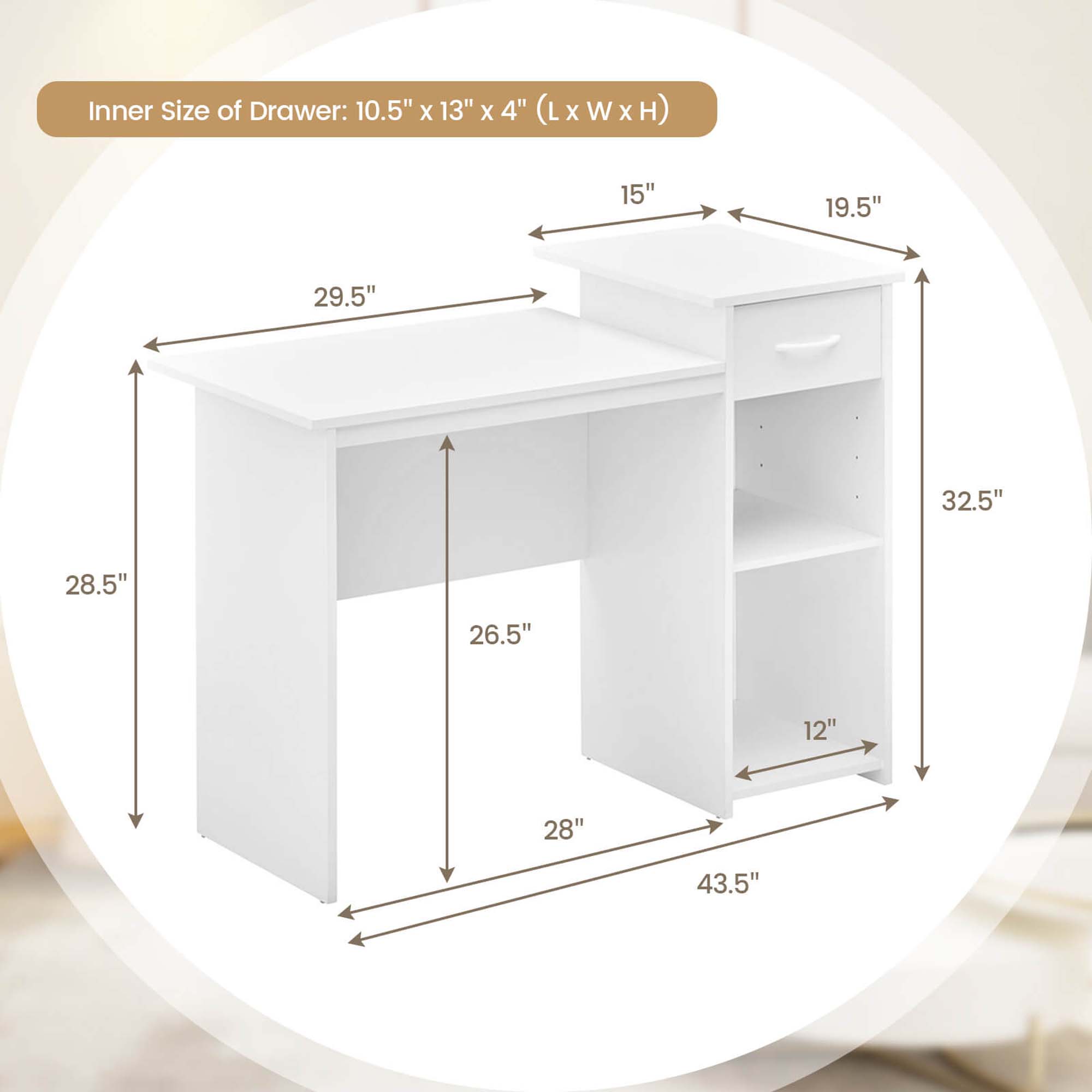 Costway Computer Desk with Drawer Modern Laptop PC Desk with Adjustable Shelf & Cable Hole