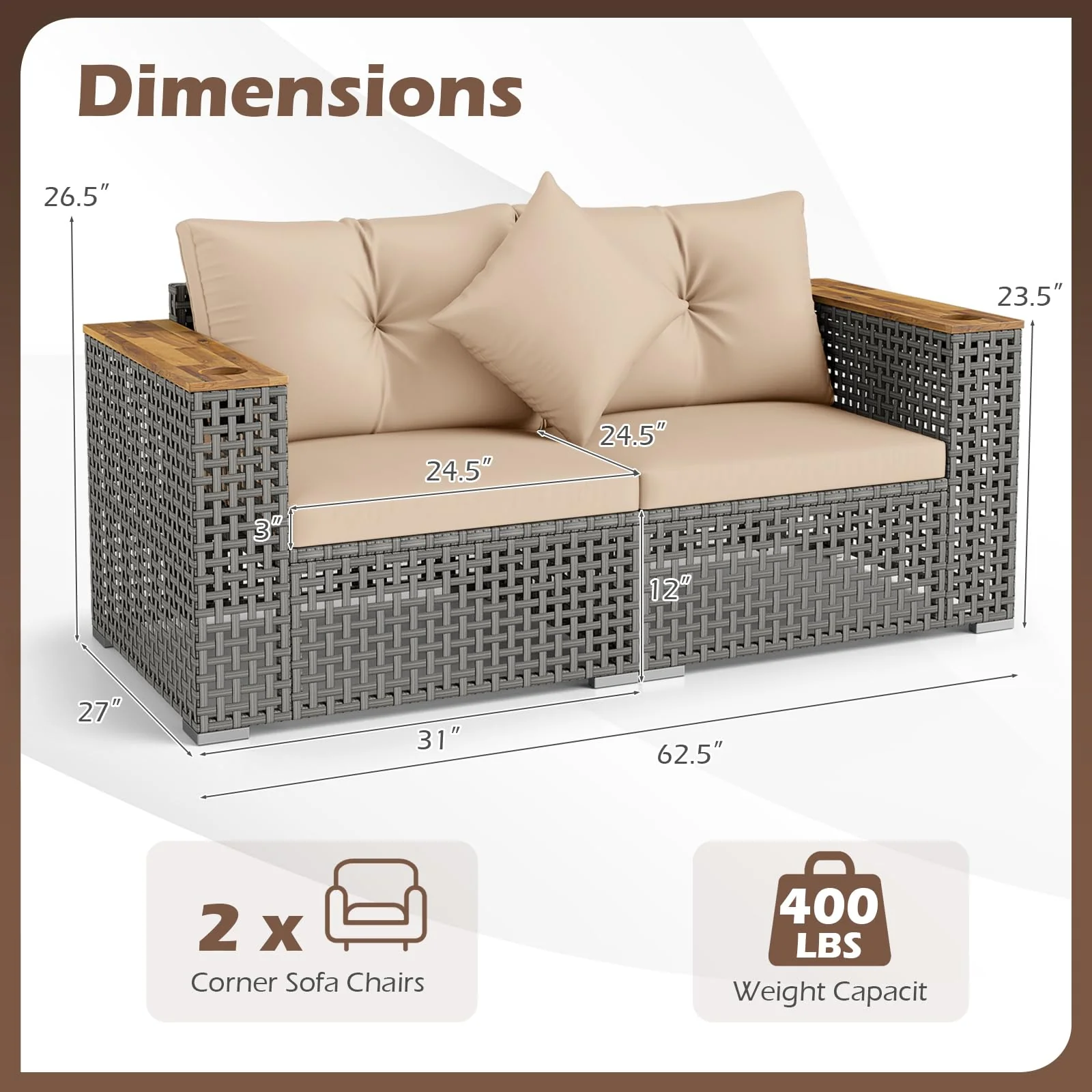Tangkula 62.5" Large Patio Wicker Loveseat with Acacia Wood Armrests & Cup Holders