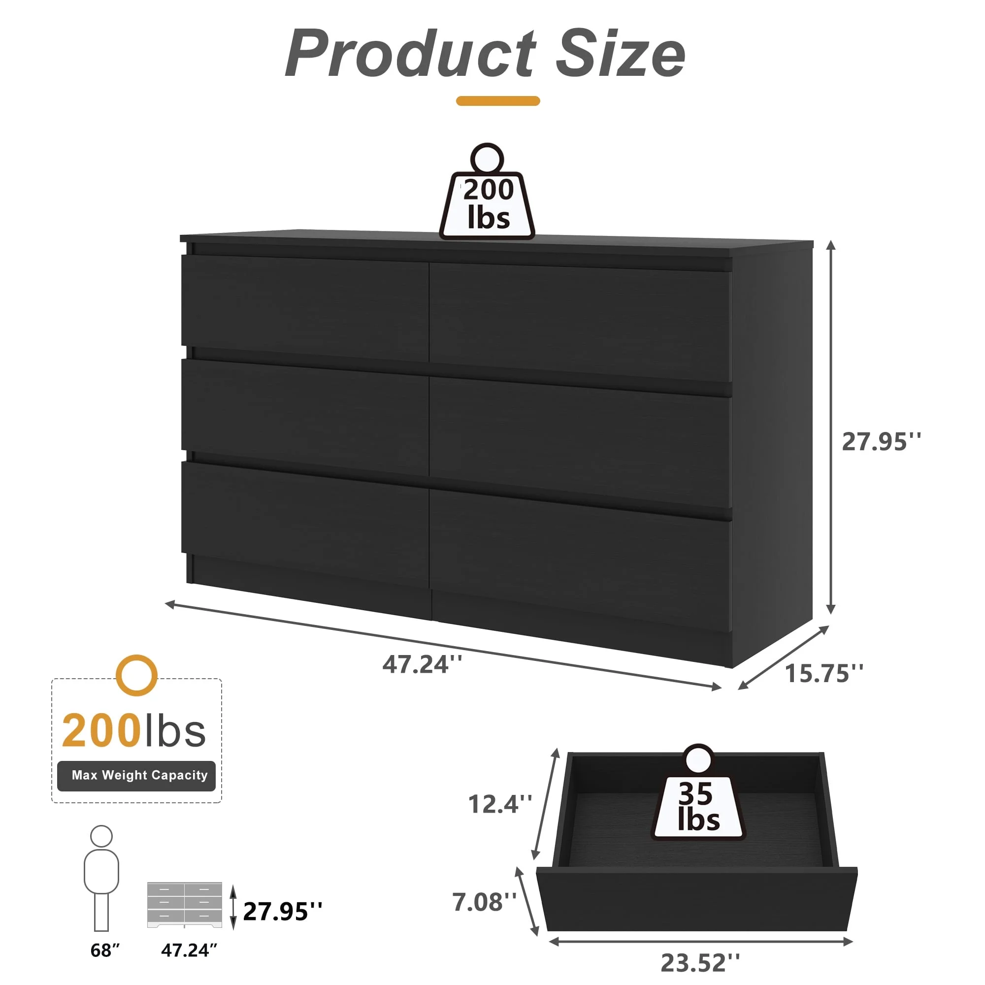 Modern 6 Drawer Dresser Wood Cabinet,Dresser for Bedroom, Kitchen Storage Cabinet with Drawers, Chest of Drawers(Black)(Black(6 Drawers)) - Image 2