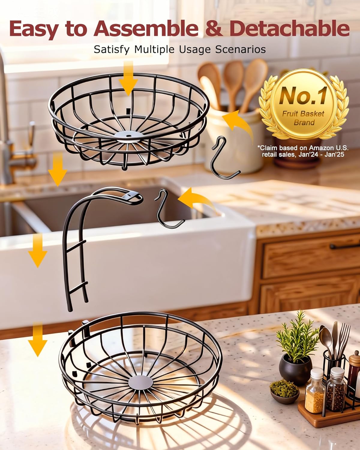 Sevenblue 2 Tier Modern Fruit Basket for Kitchen Counter with 2 Banana Hooks