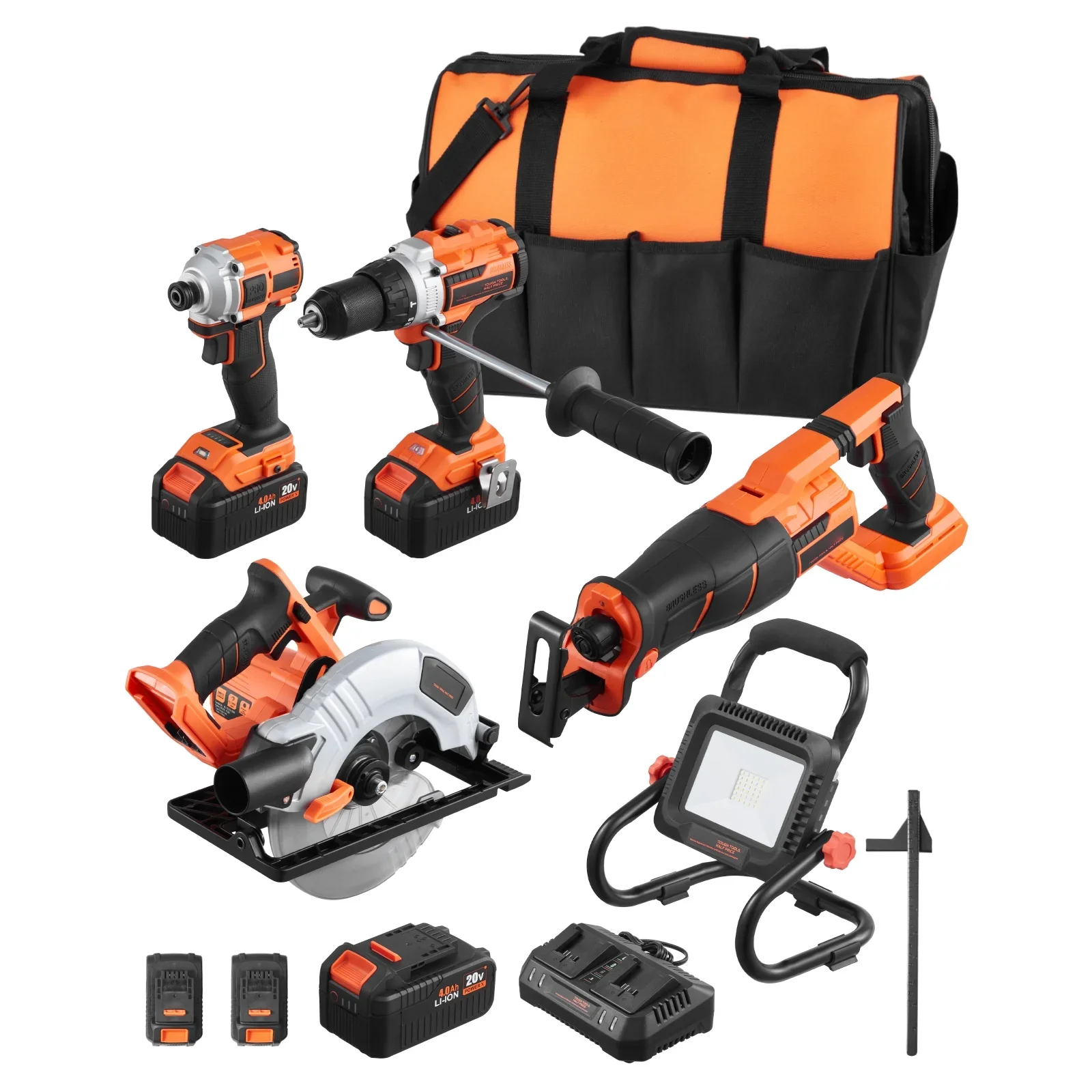 KFFKFF  Equipment Set, 20V Brushless 5-Piece Set, Wireless Power Equipment Set, Wireless Drill and Impact Driver, inclusive of 4.0 Ah Batteries, Charging Device, Reciprocal Saw, Round Saw