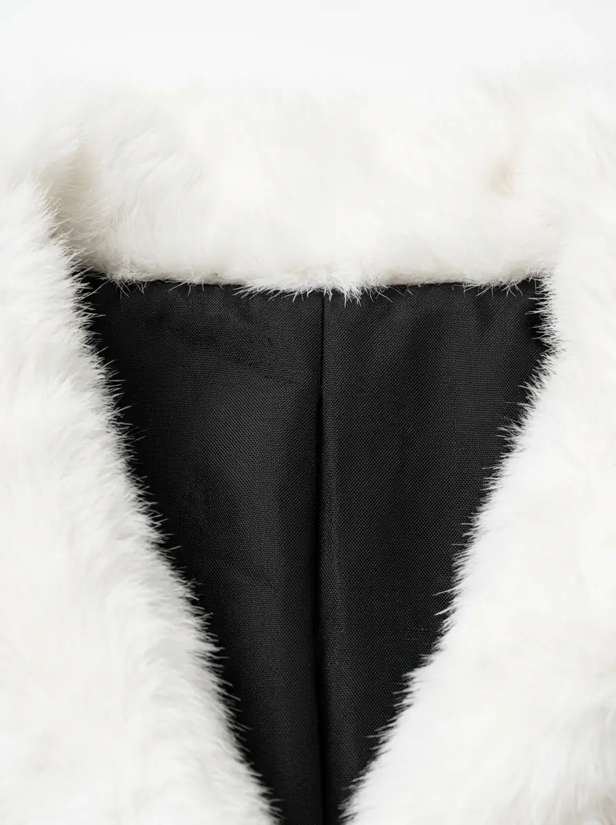 Close-up of a white faux fur coat with smooth black lining