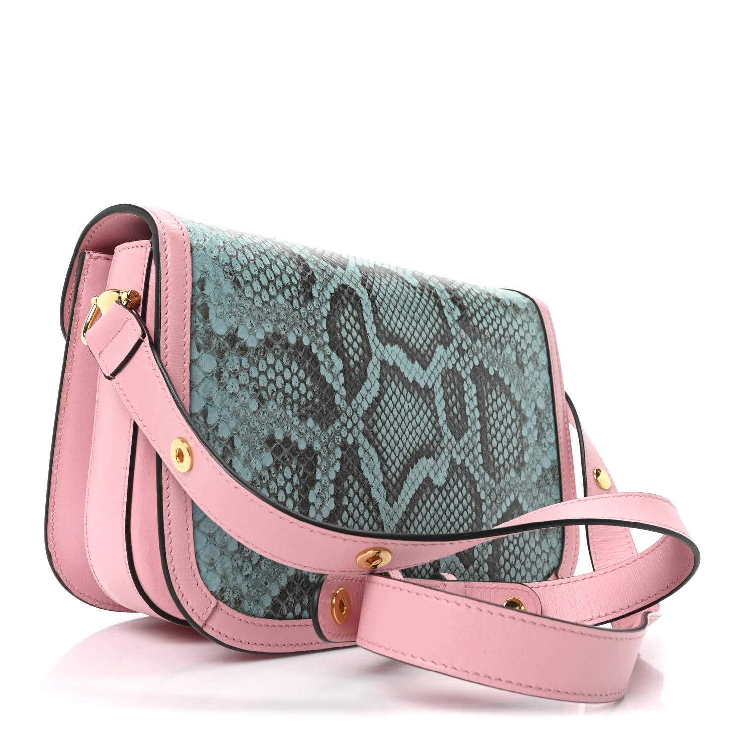 Snakeskin Calfskin Horsebit 1955 Shoulder Bag Blue Pink