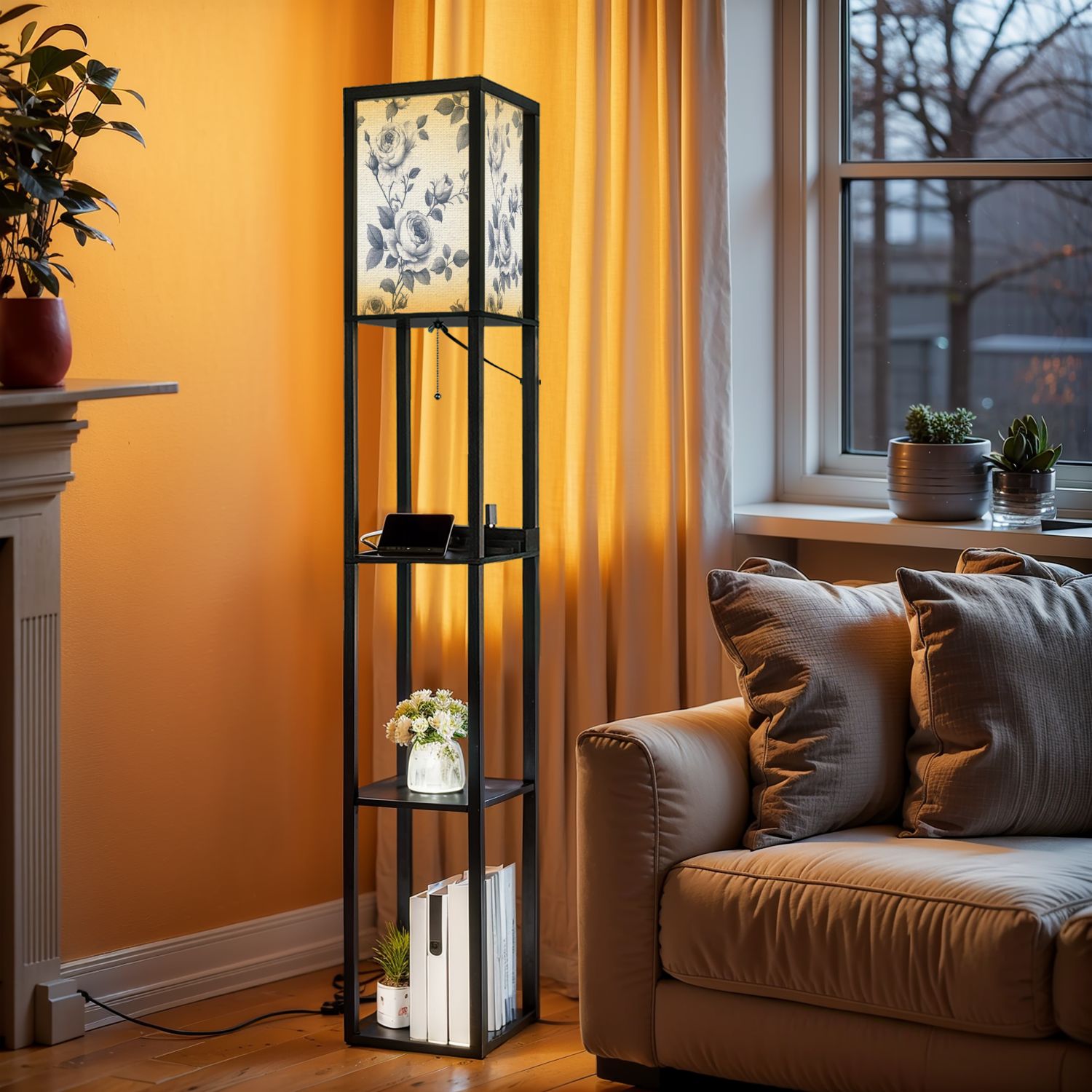 Floor Lamp with Shelves,Modern Dimmable Standing Lamp Floral Corner Display Bookshelf Lamp with 2 USB 1 Power Outlet for Living Room Bedroom(Color-5) - Image 6