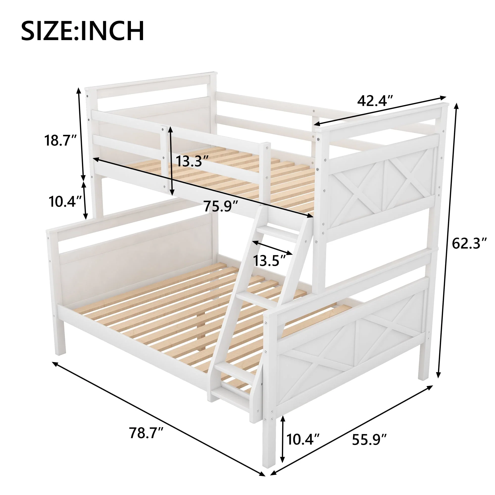 Euroco Twin over Full Wood Bunk Bed with Ladder for Kid's Room